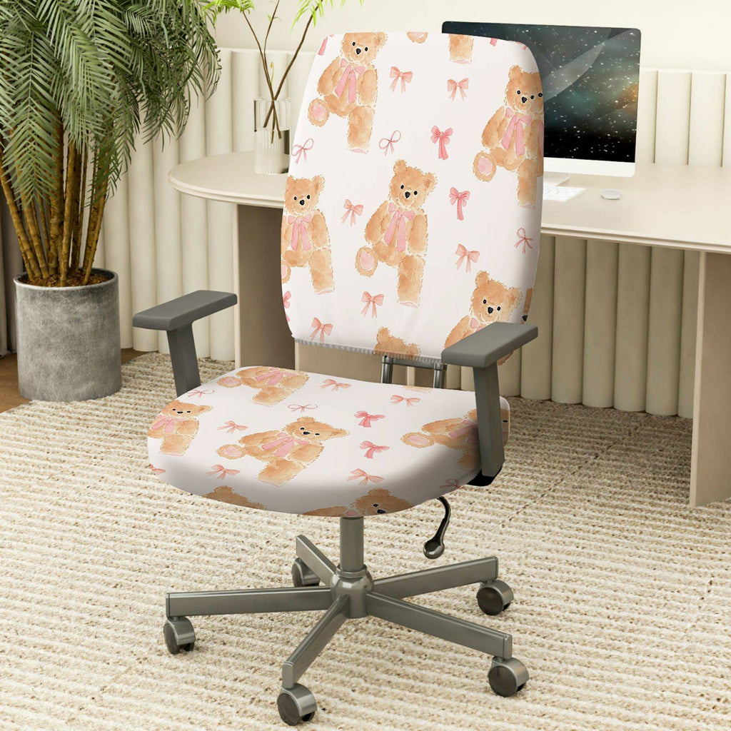 2-Piece Adorable Teddy Bear Pink Ribbon Sweet Cute Fun  Computer Chair Cover Set, Seat and Backrest