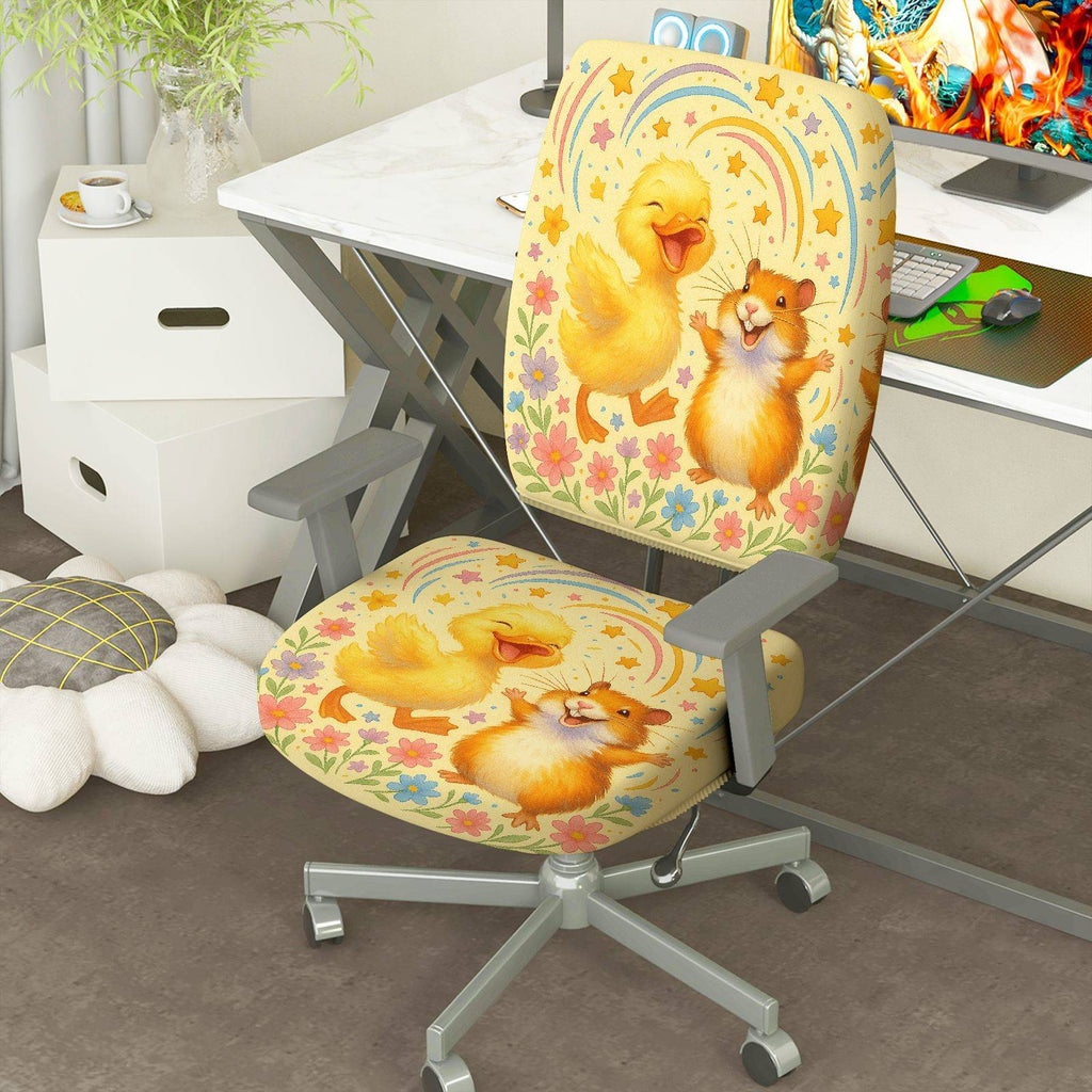 2-Piece Adorable Animal Rainbow Floral Star  Computer Chair Cover Set, Seat and Backrest