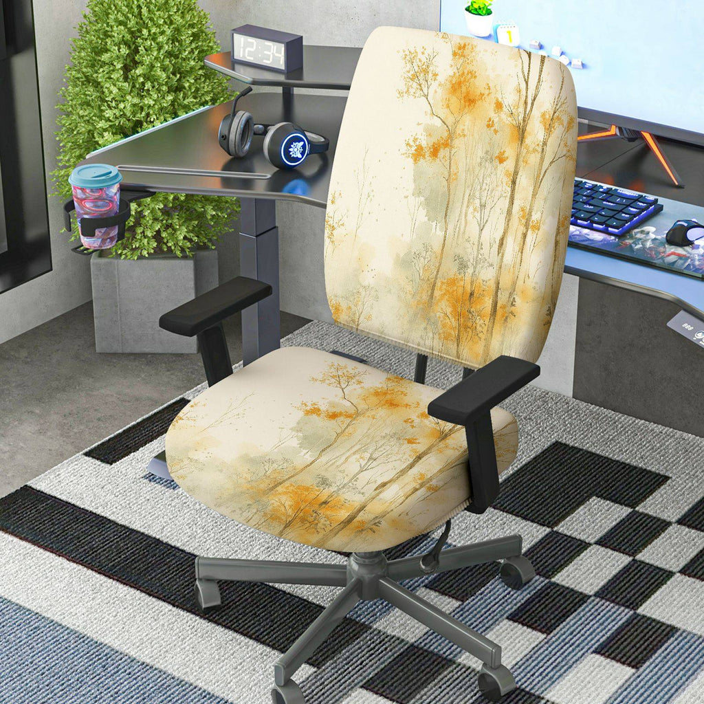 2-Piece Autumn Scenic Forest Tree Artistic  Computer Chair Cover Set, Seat and Backrest