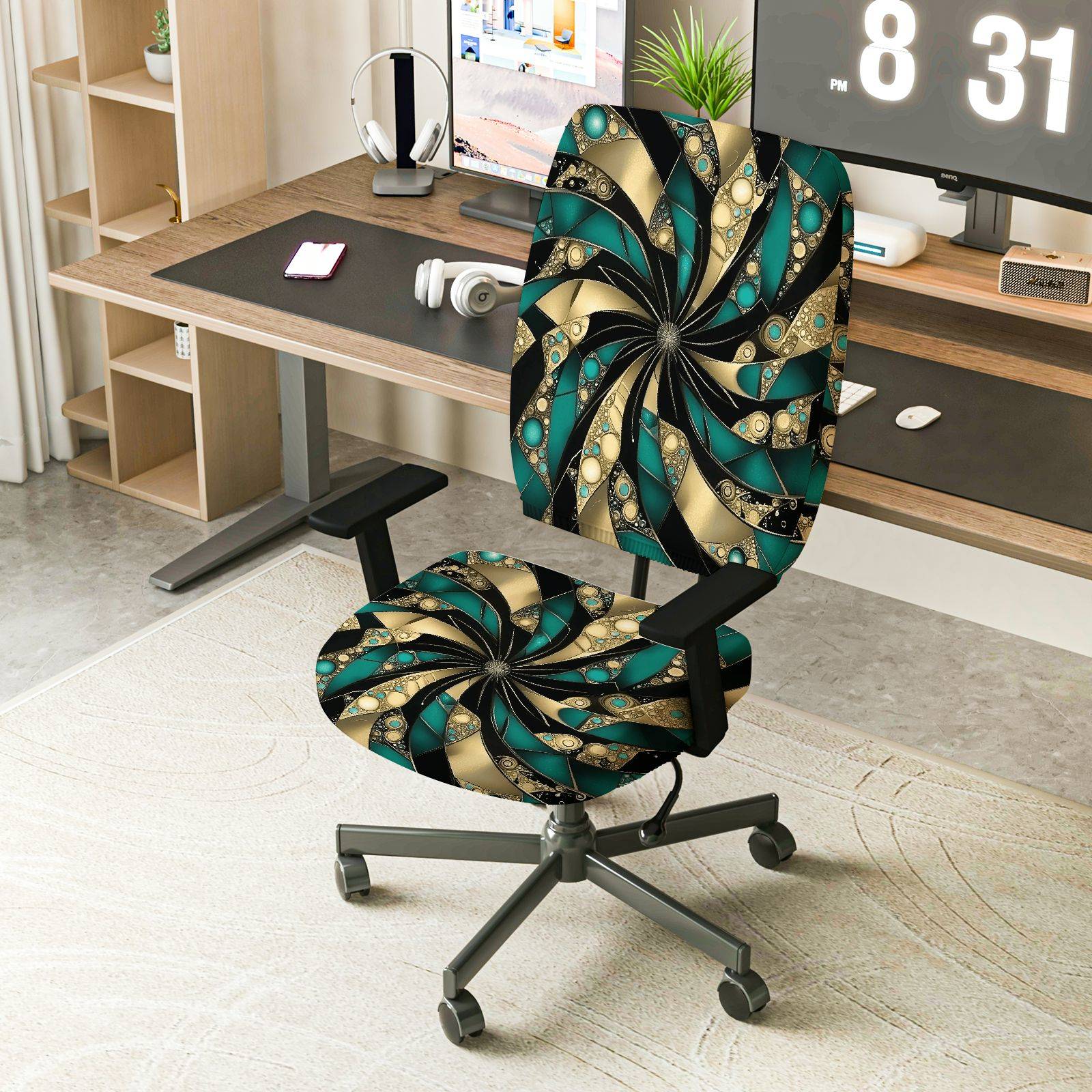 2-Piece Geometric Swirl Art Abstract Modern Chic  Computer Chair Cover Set, Seat and Backrest