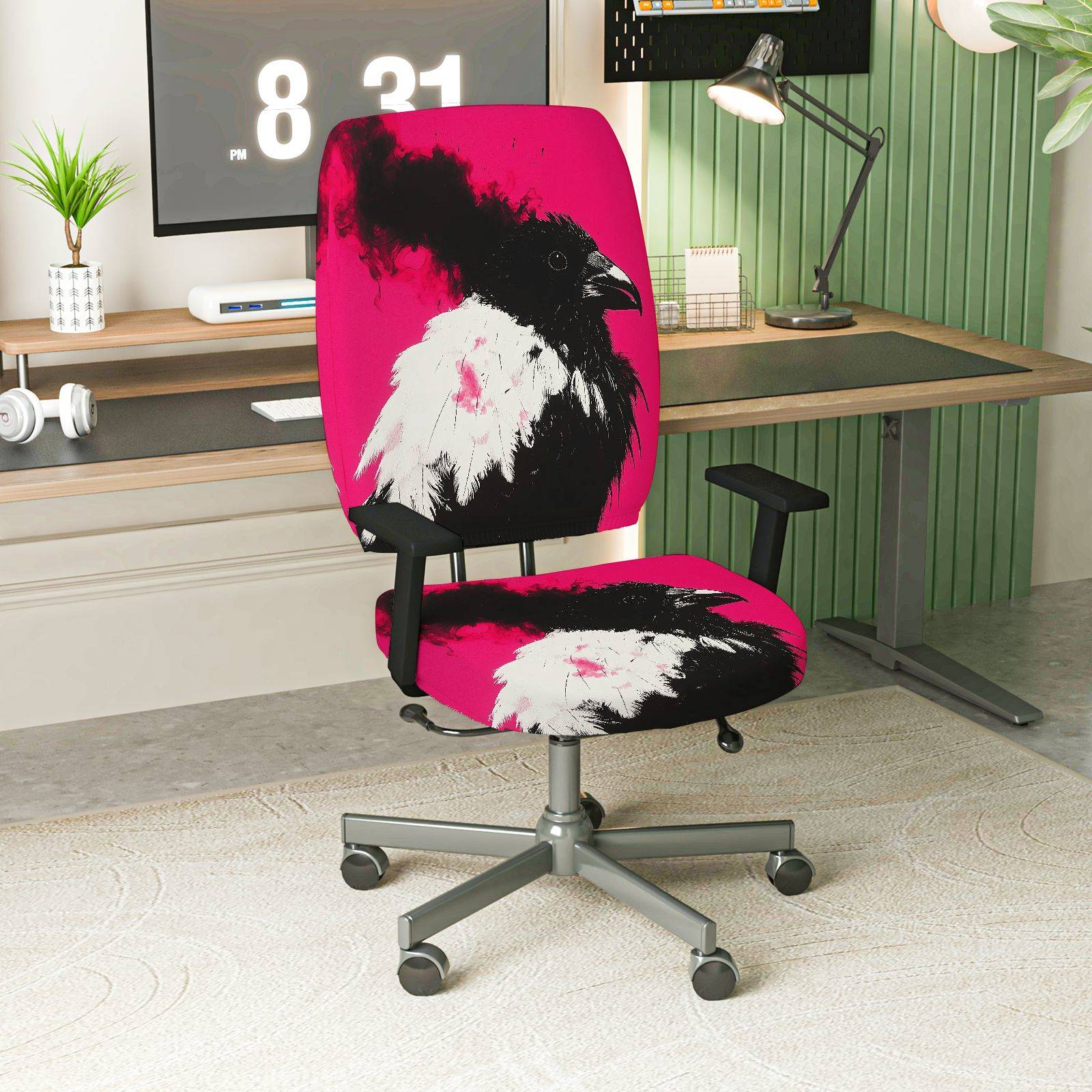 2-Piece Artistic Raven Gothic Dark Bird Pink  Computer Chair Cover Set, Seat and Backrest