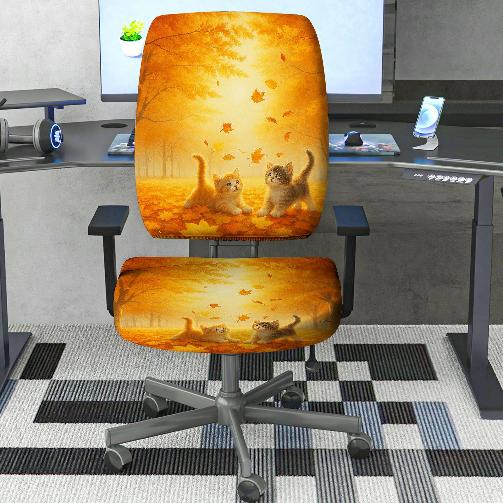 2-Piece Autumn Leaves Cat Forest Nature Fall  Computer Chair Cover Set, Seat and Backrest