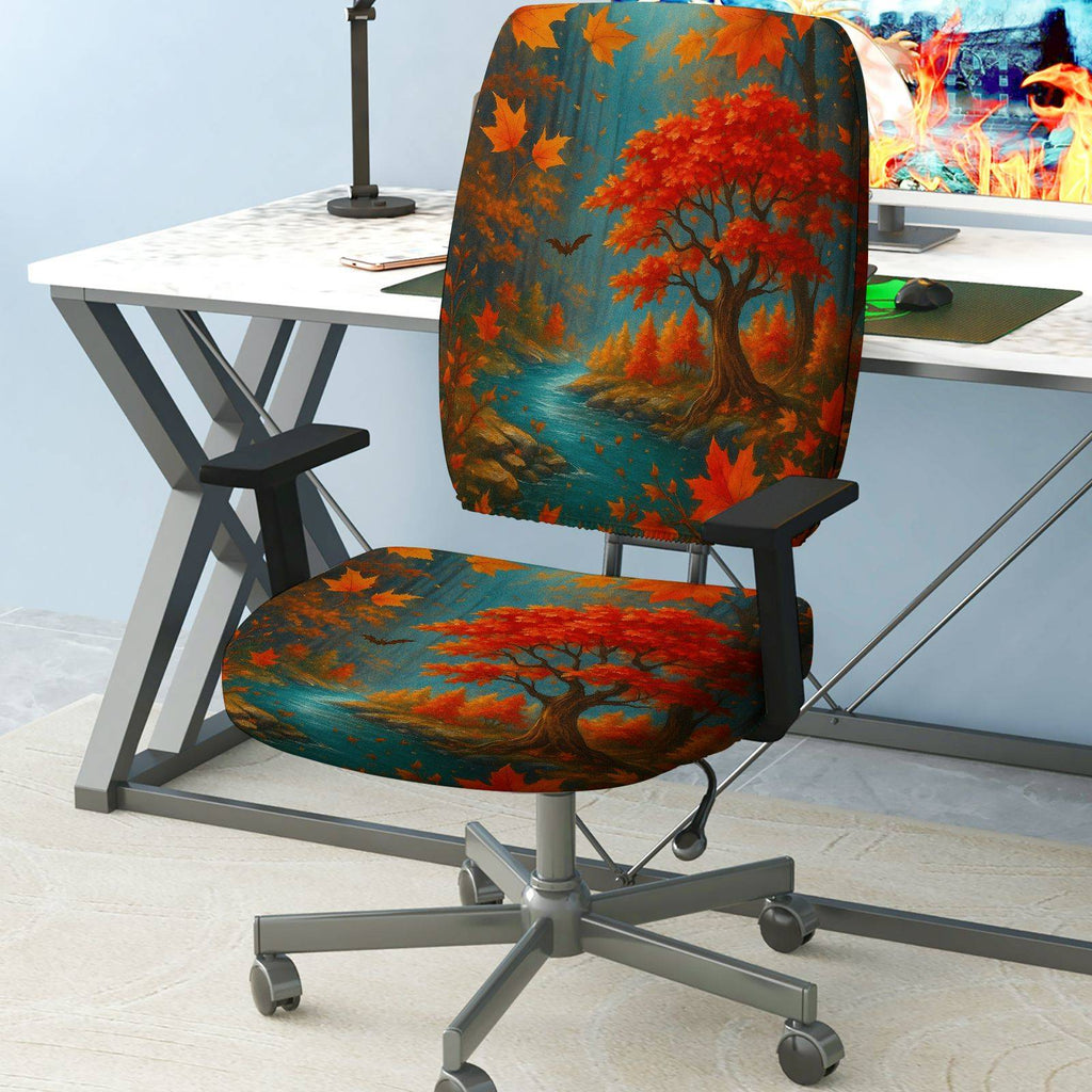 2-Piece Autumn Maple Tree River Bat Leaves  Computer Chair Cover Set, Seat and Backrest