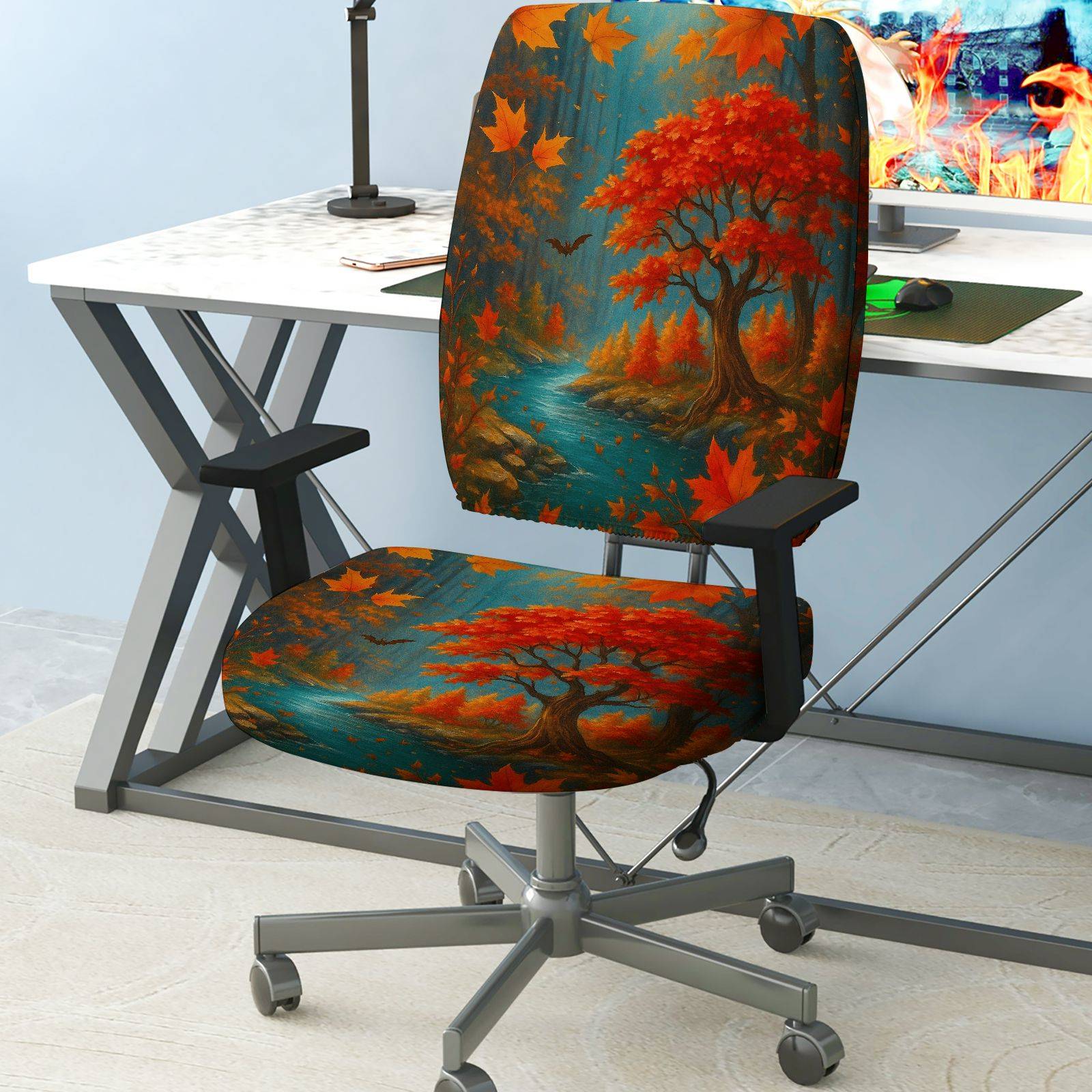 2-Piece Autumn Maple Tree River Bat Leaves  Computer Chair Cover Set, Seat and Backrest