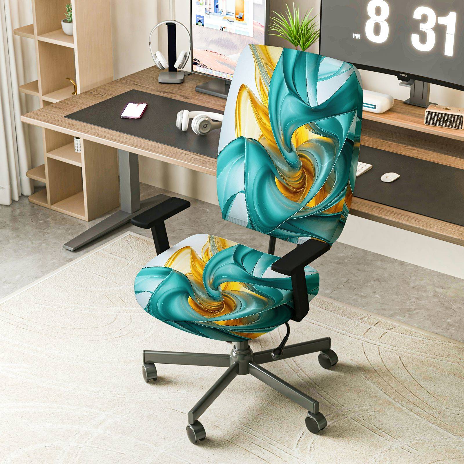 2-Piece Abstract Turquoise Golden Swirl Artistic Vibrant  Computer Chair Cover Set, Seat and Backrest