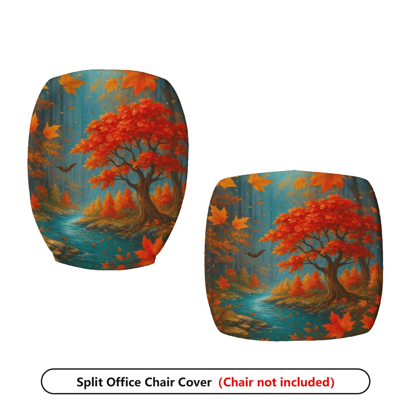 2-Piece Autumn Maple Tree River Bat Leaves  Computer Chair Cover Set, Seat and Backrest