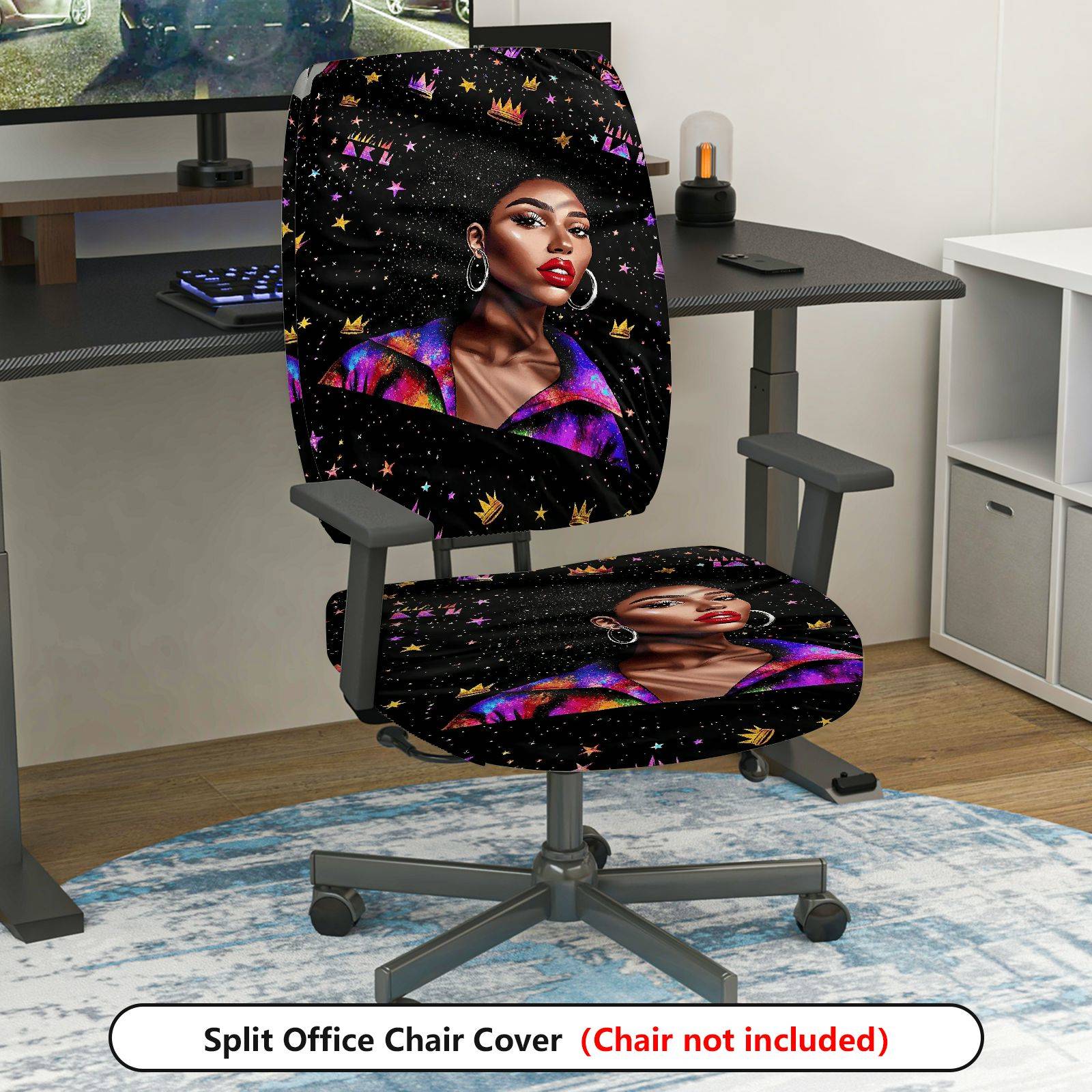 2-Piece African American Woman Galaxy Crown Star  Computer Chair Cover Set, Seat and Backrest