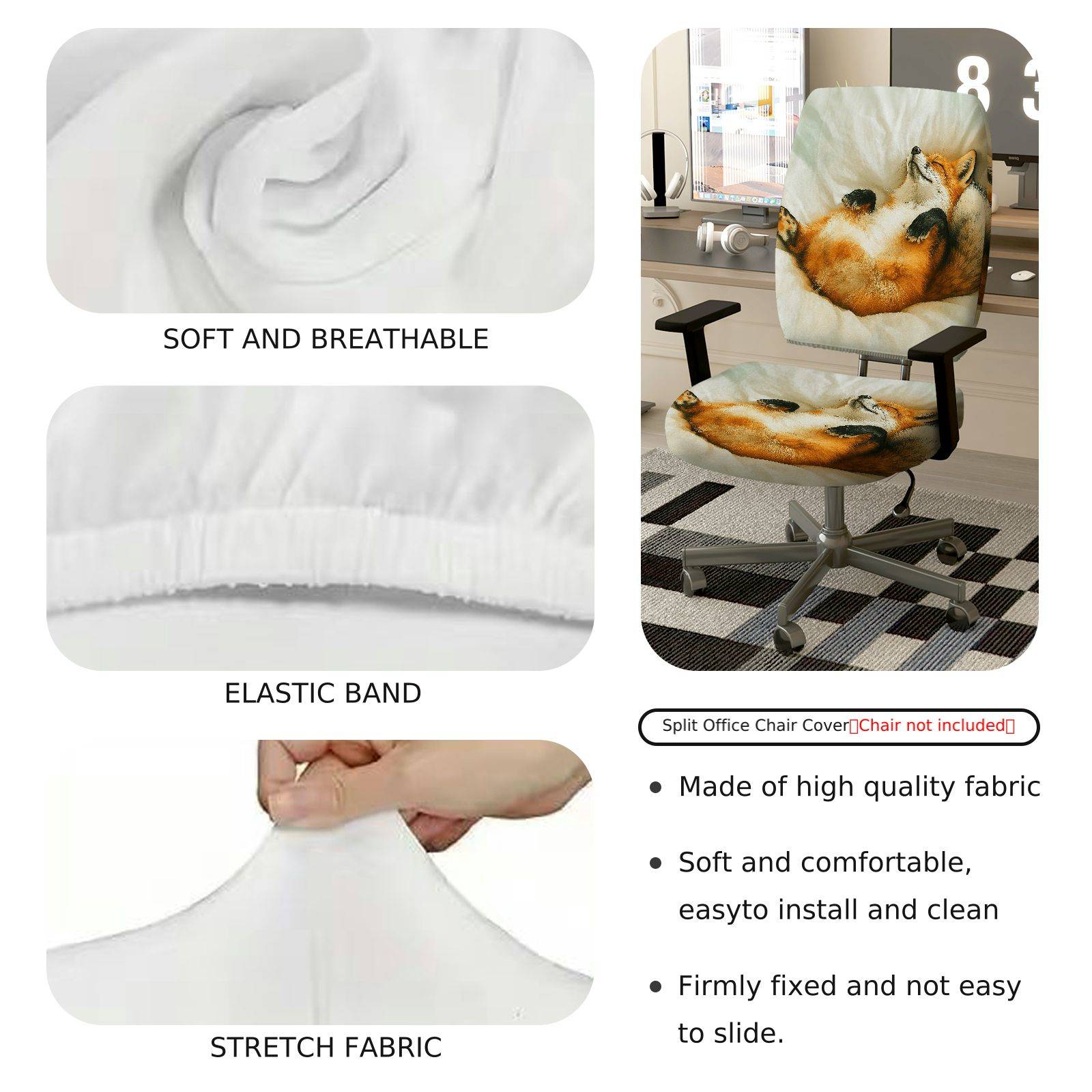 2-Piece Animal Fox Relaxing Cozy Printed  Computer Chair Cover Set, Seat and Backrest