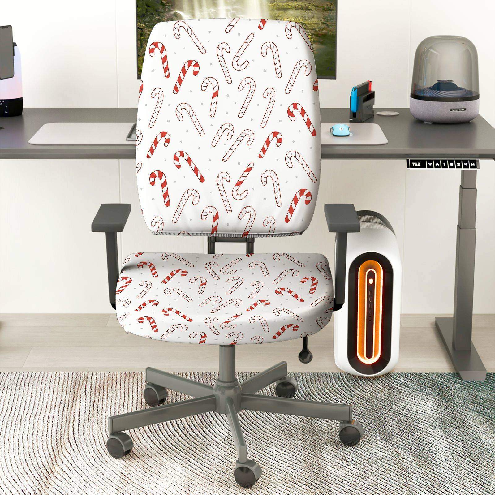 2-Piece Christmas Candy Cane Festive Holiday Printed  Computer Chair Cover Set, Seat and Backrest
