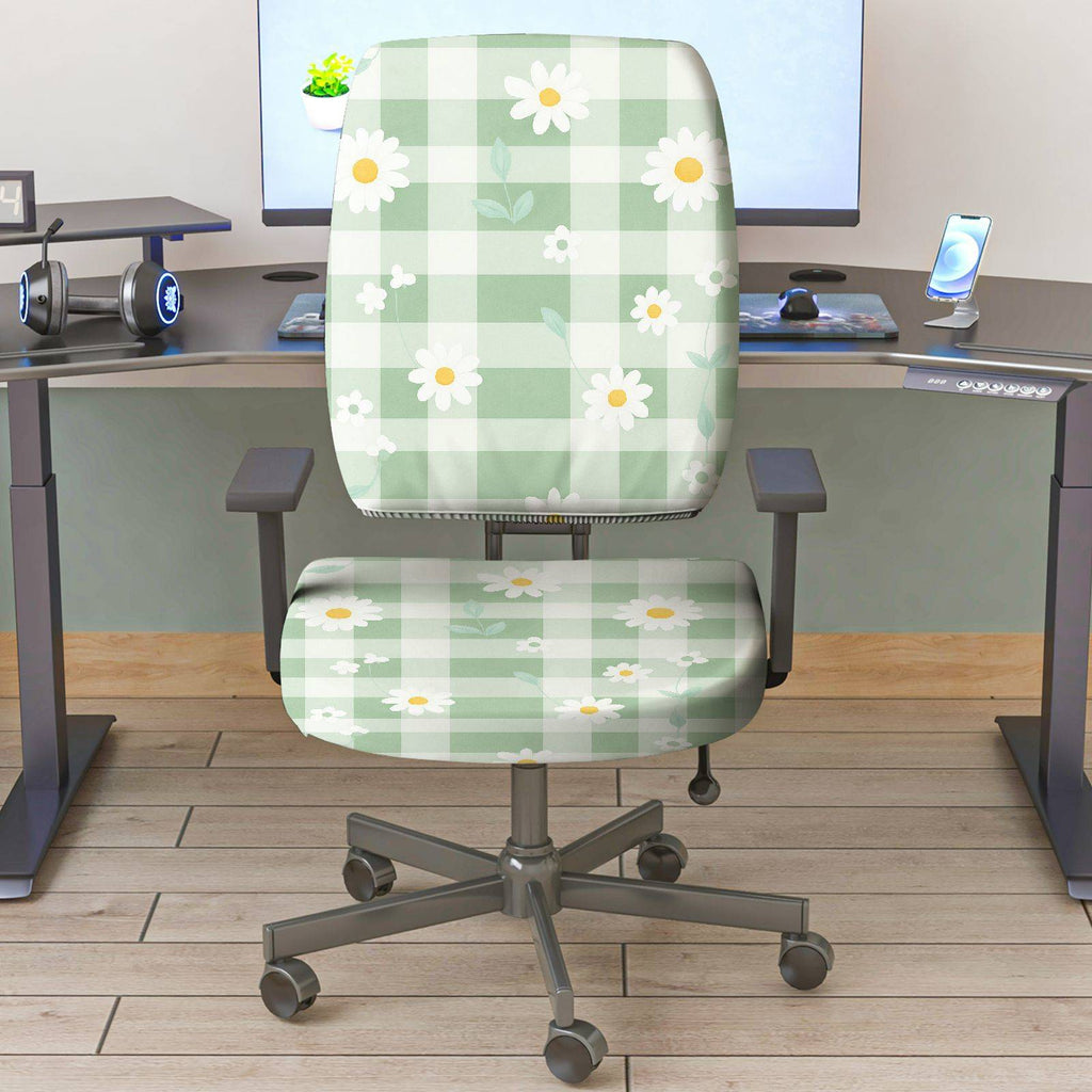 2-Piece Green Checkered Daisy Floral Pattern Spring  Computer Chair Cover Set, Seat and Backrest