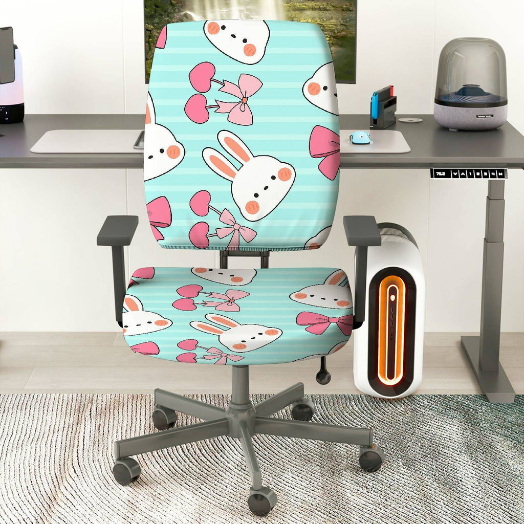 2-Piece Adorable Rabbit Pink Bow Heart Striped  Computer Chair Cover Set, Seat and Backrest