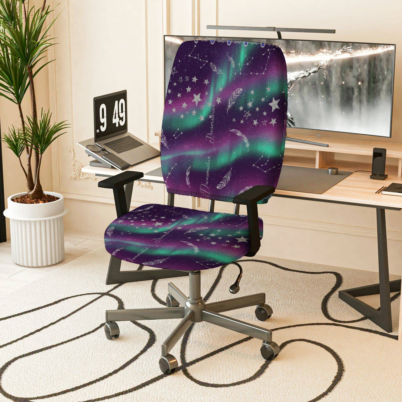 2-Piece Aurora Stars Feathers Galaxy Night  Computer Chair Cover Set, Seat and Backrest