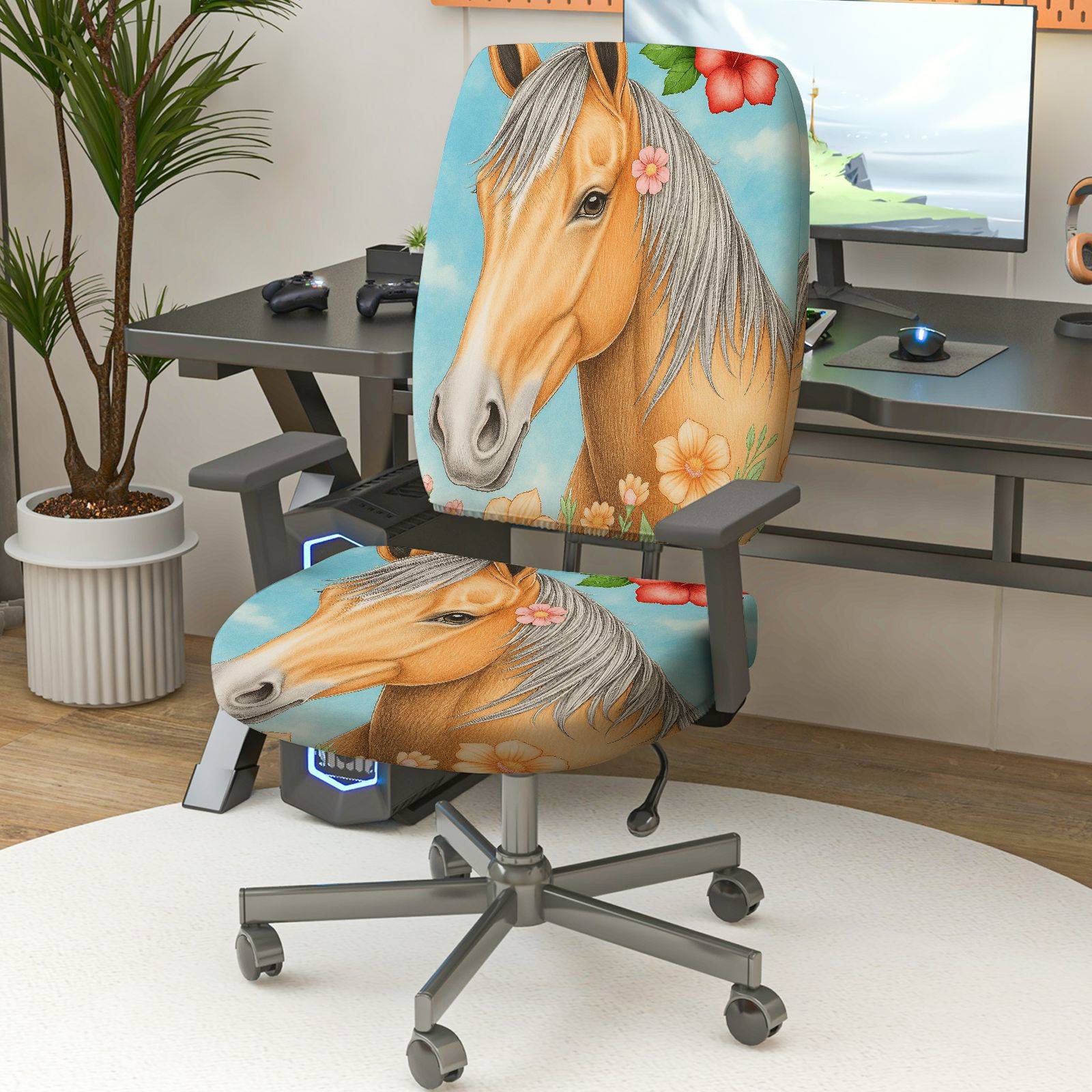 2-Piece Horse Floral Artistic Colorful Nature Animal  Computer Chair Cover Set, Seat and Backrest