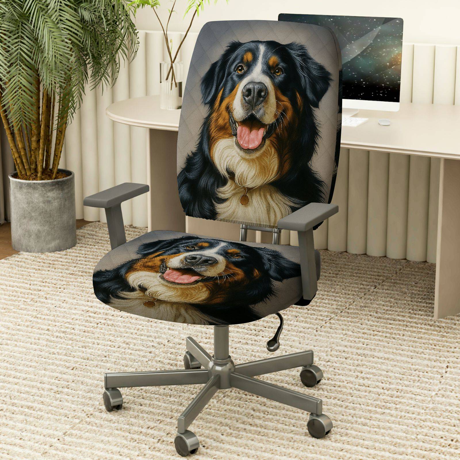 2-Piece Dog Print Animal Theme Cute Home  Computer Chair Cover Set, Seat and Backrest