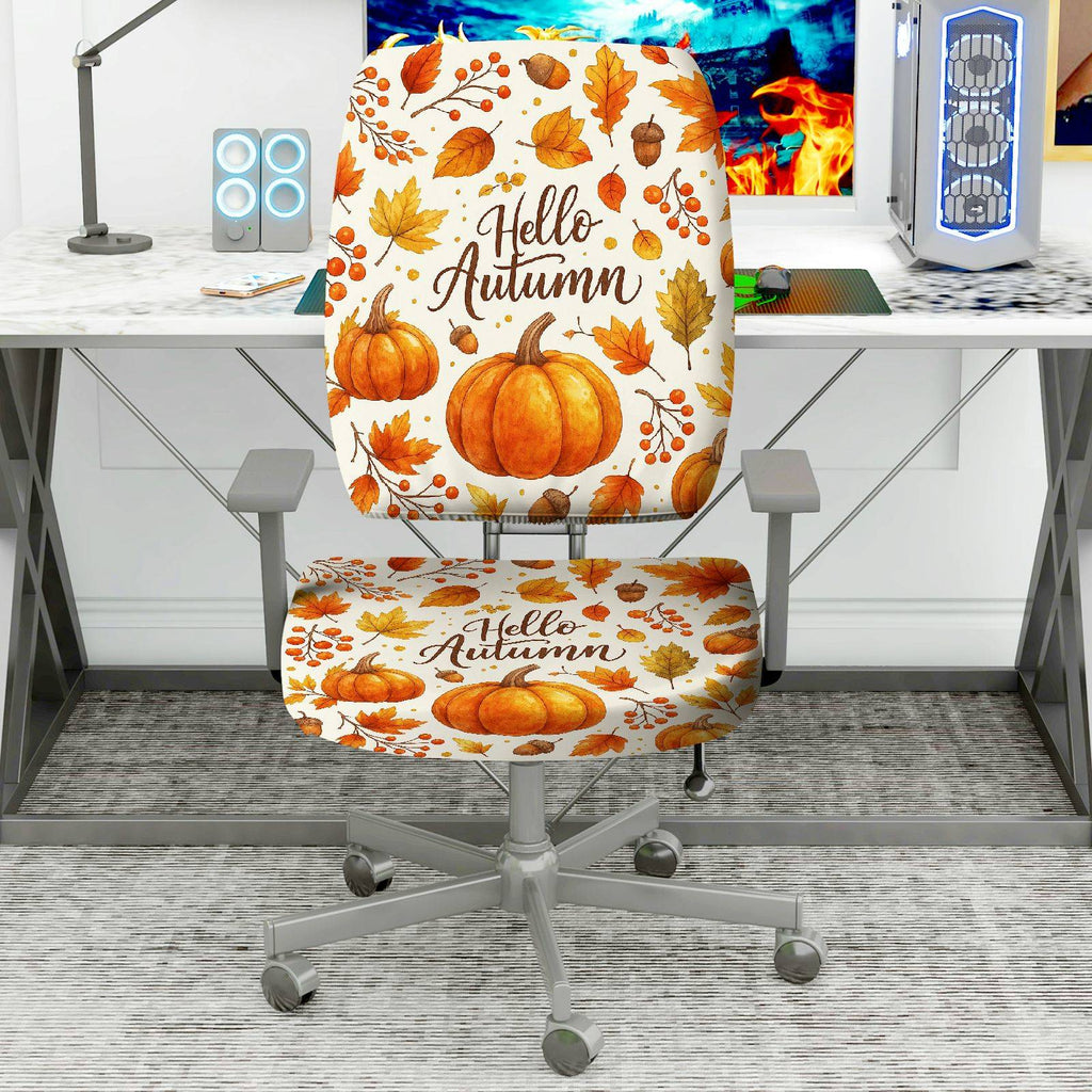 2-Piece Autumn Pumpkin Maple Leaves Acorn Fall  Computer Chair Cover Set, Seat and Backrest