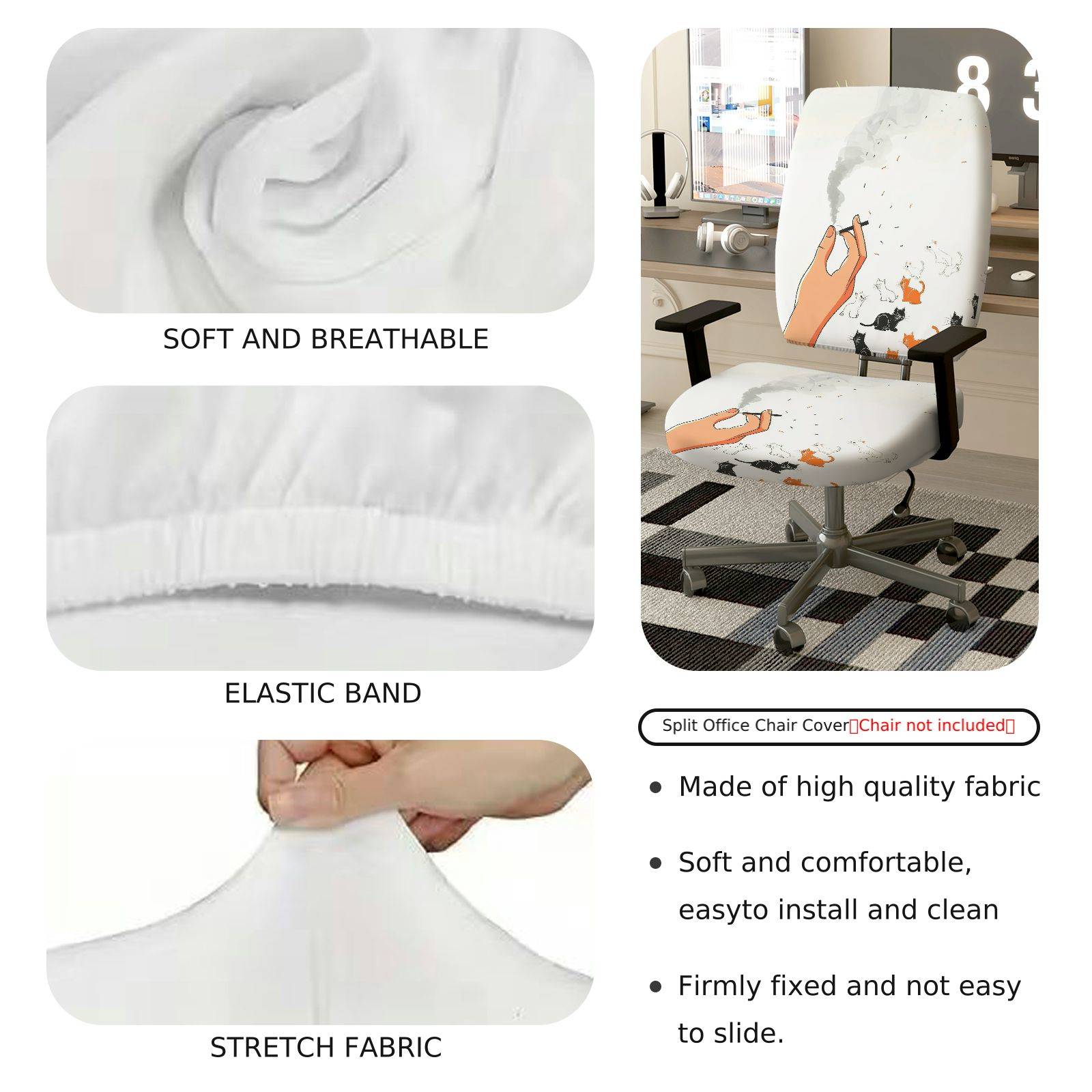 2-Piece Artistic Cat Smoking Hand Design  Computer Chair Cover Set, Seat and Backrest