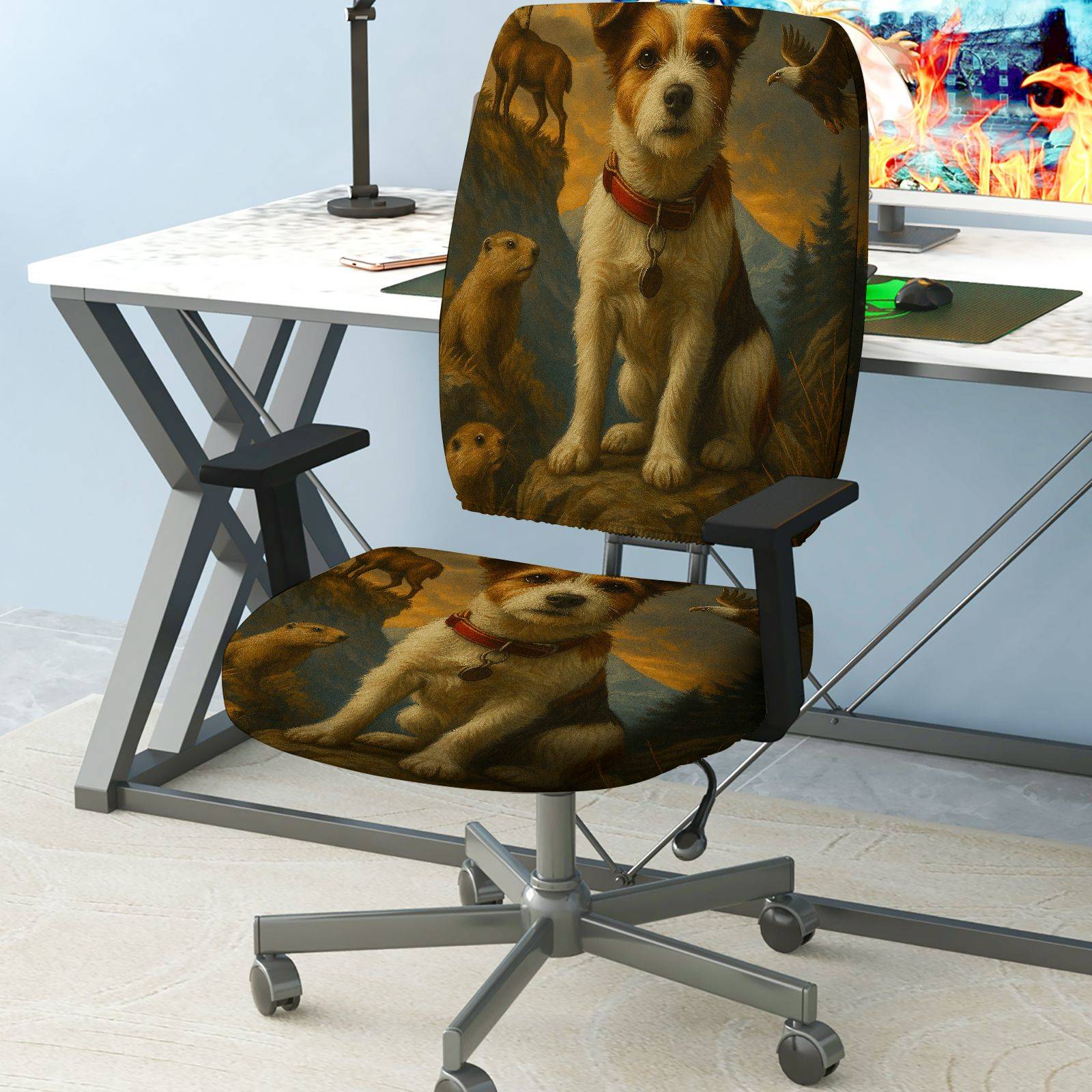 2-Piece Animal Nature Art Dog Wildlife  Computer Chair Cover Set, Seat and Backrest
