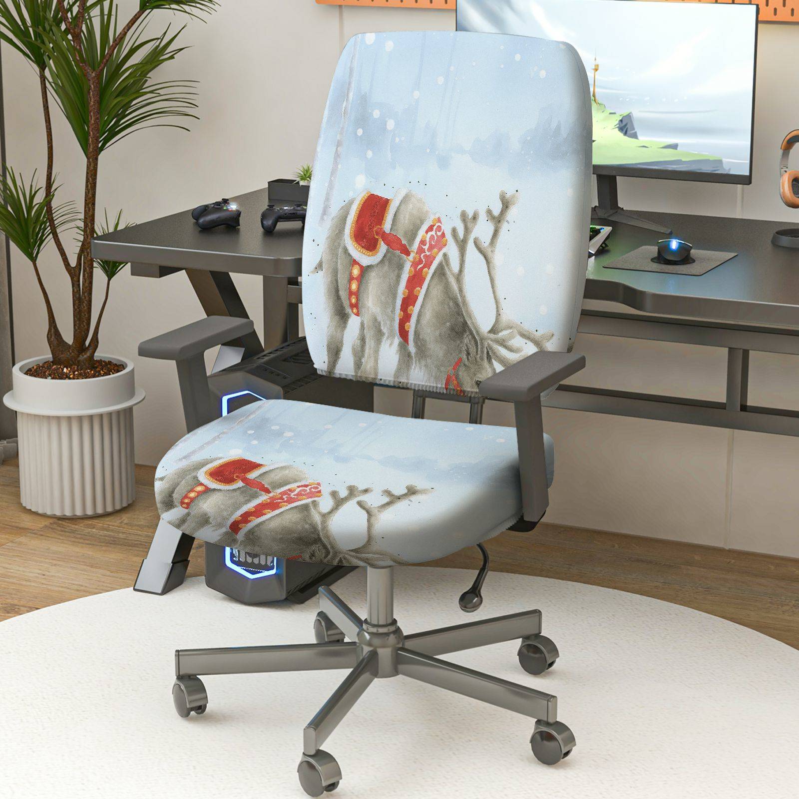 2-Piece Christmas Reindeer Winter Snow Decoration  Computer Chair Cover Set, Seat and Backrest