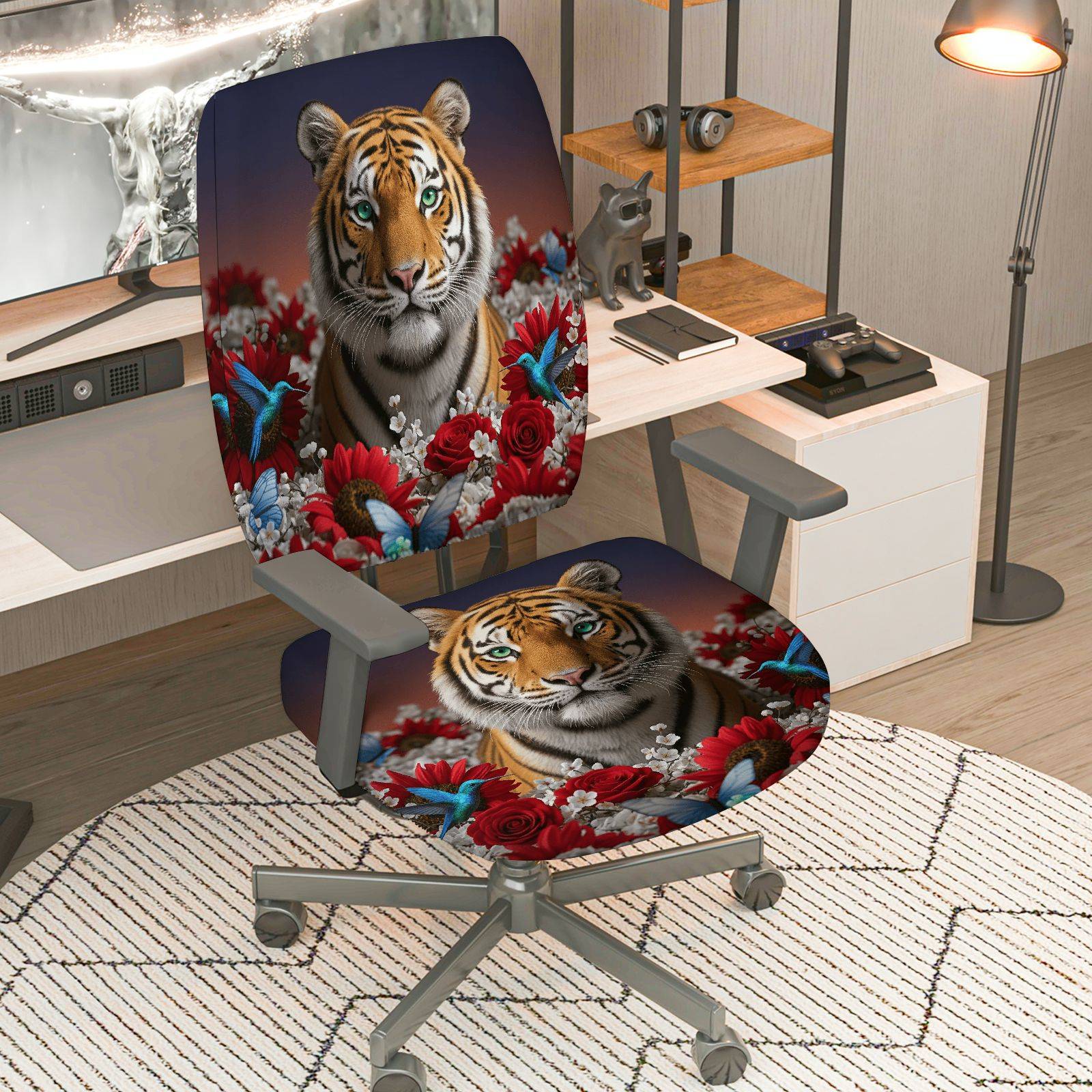2-Piece Tiger Floral Animal Art Decorative  Computer Chair Cover Set, Seat and Backrest