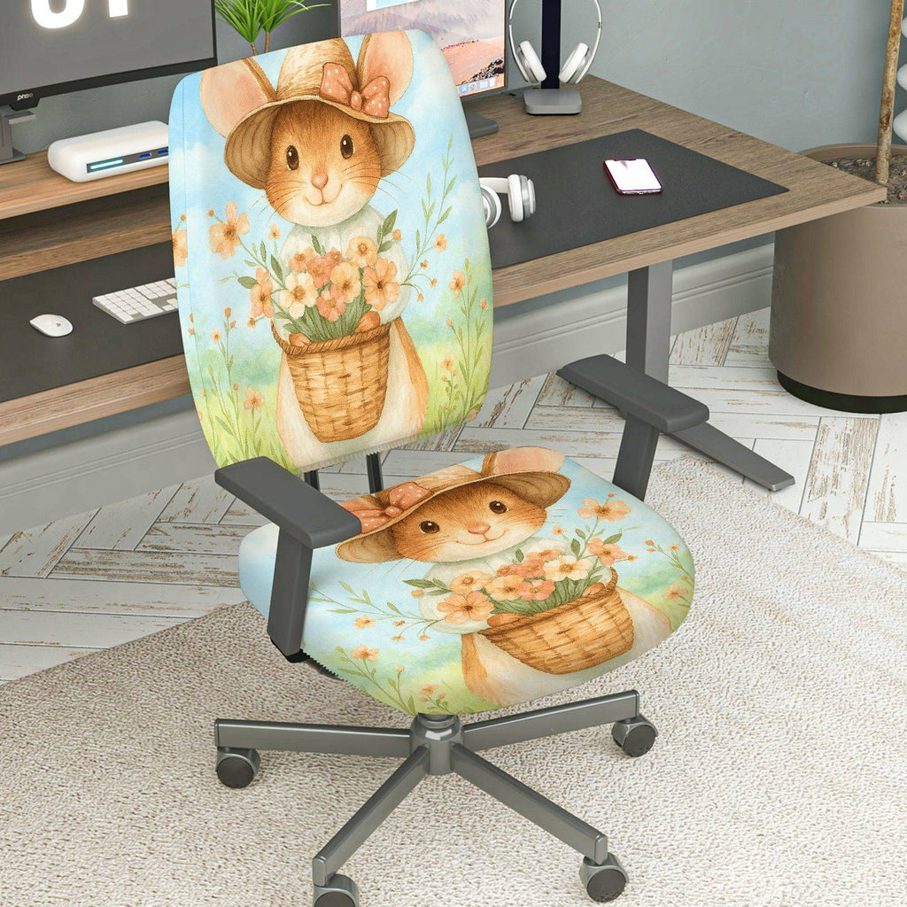 2-Piece Cute Floral Rabbit Pastoral Animal  Computer Chair Cover Set, Seat and Backrest