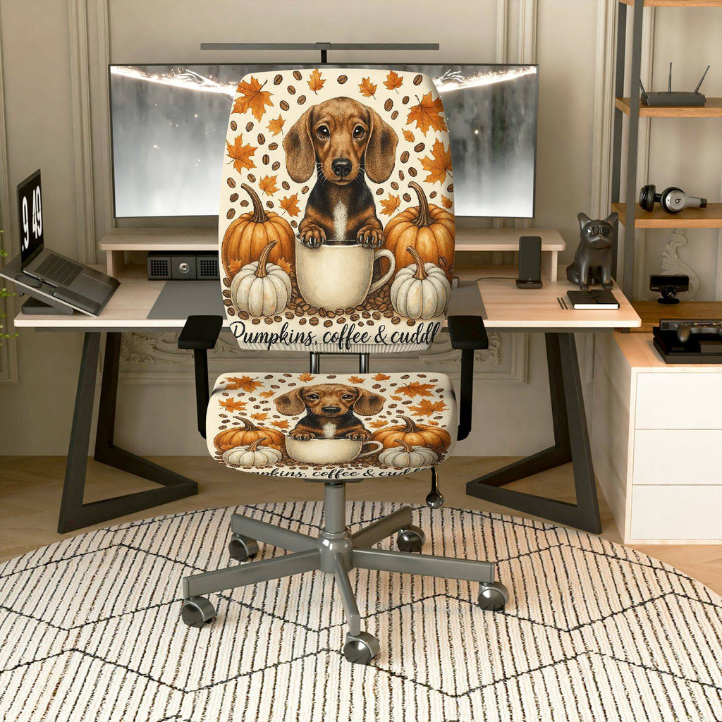 2-Piece Autumn Puppy Pumpkin Leaves Coffee  Computer Chair Cover Set, Seat and Backrest