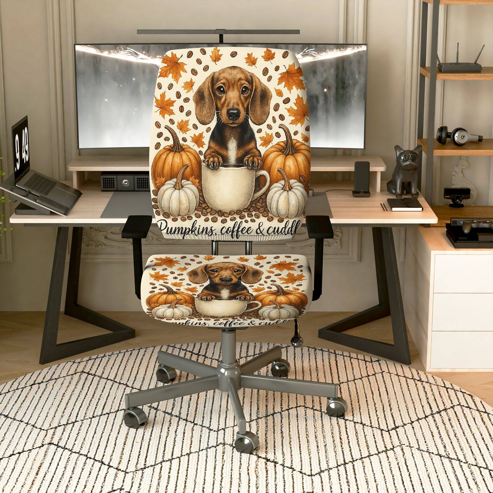 2-Piece Autumn Puppy Pumpkin Leaves Coffee  Computer Chair Cover Set, Seat and Backrest
