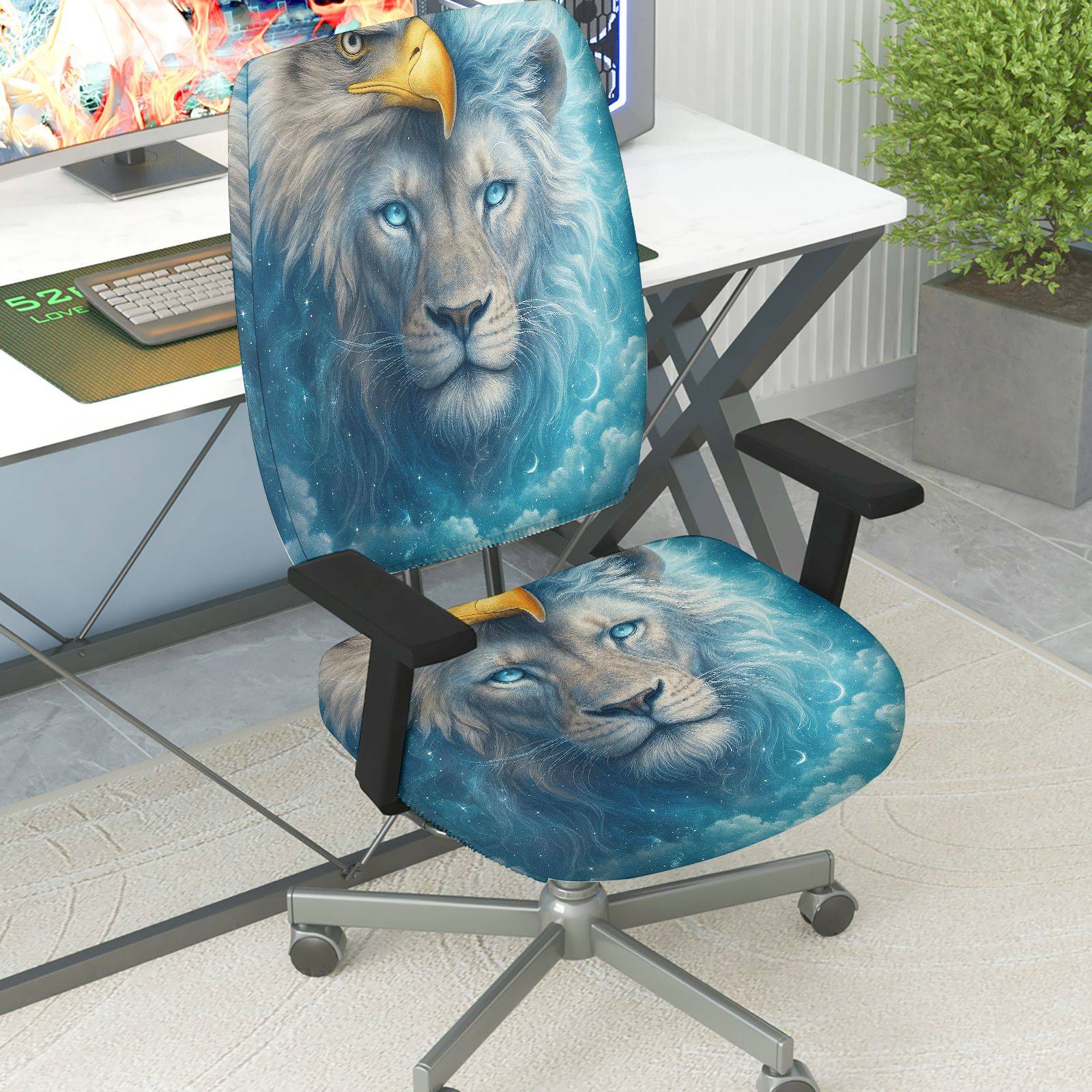 2-Piece Animal Lion Eagle Moon Star Sky  Computer Chair Cover Set, Seat and Backrest