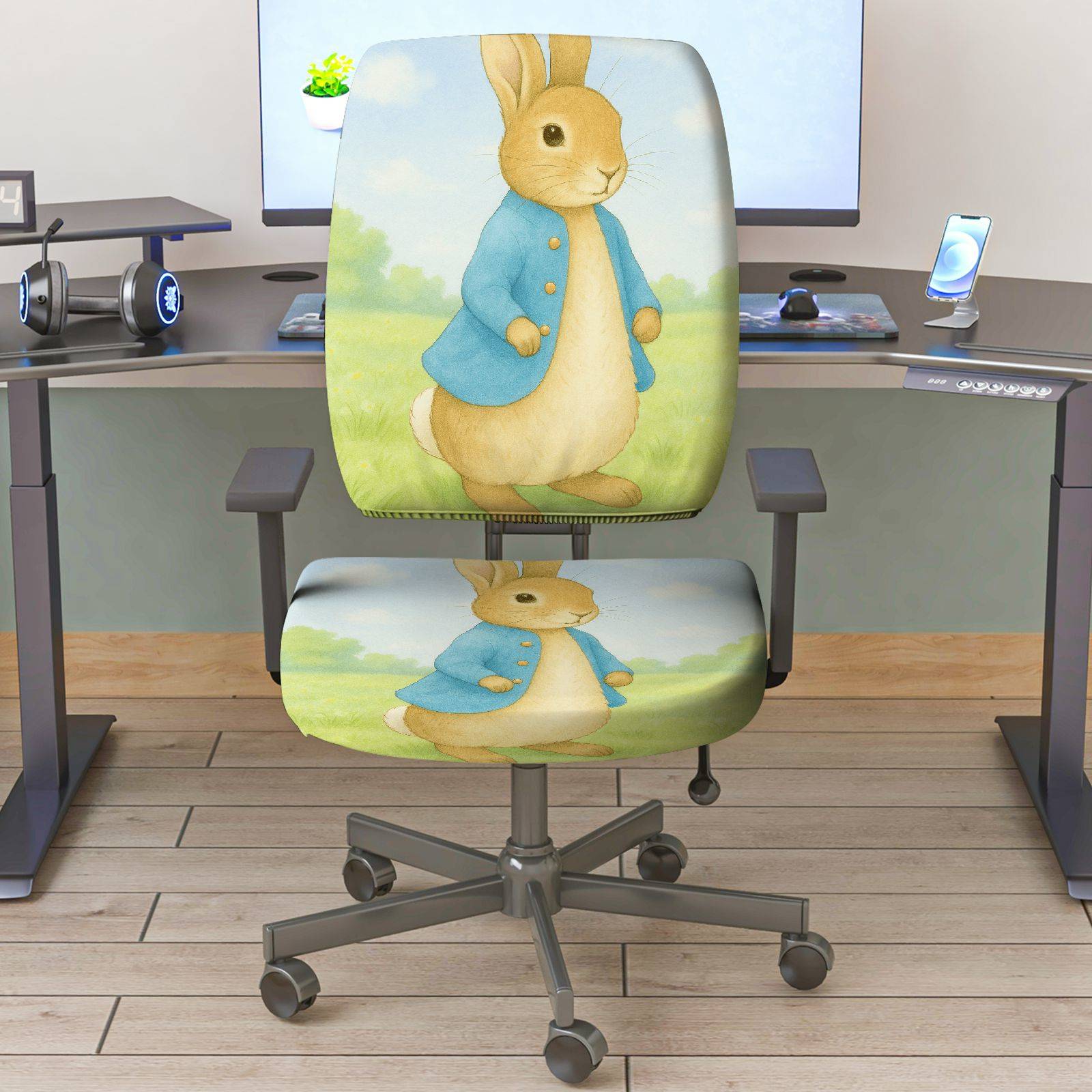 2-Piece Cute Animal Rabbit Blue Green  Computer Chair Cover Set, Seat and Backrest