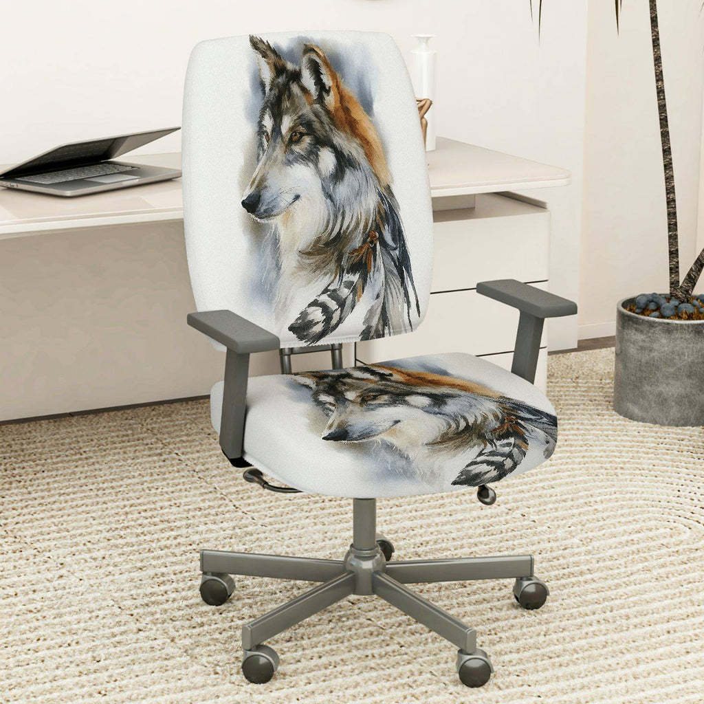 2-Piece Wolf Animal Feather Art Nature Tribal  Computer Chair Cover Set, Seat and Backrest