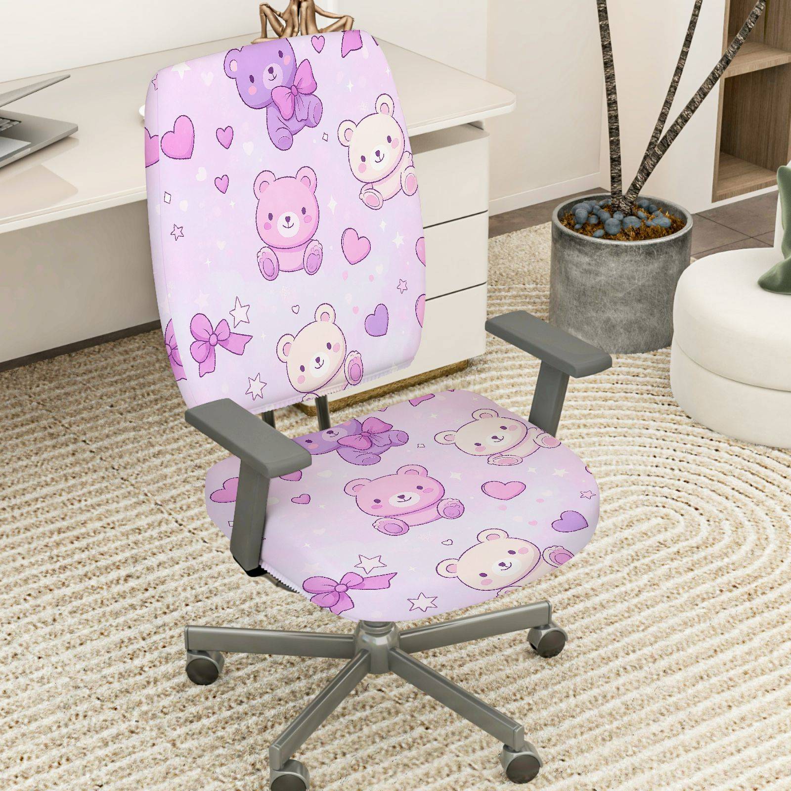 2-Piece Cute Teddy Bear Pink Hearts Stars Bow  Computer Chair Cover Set, Seat and Backrest