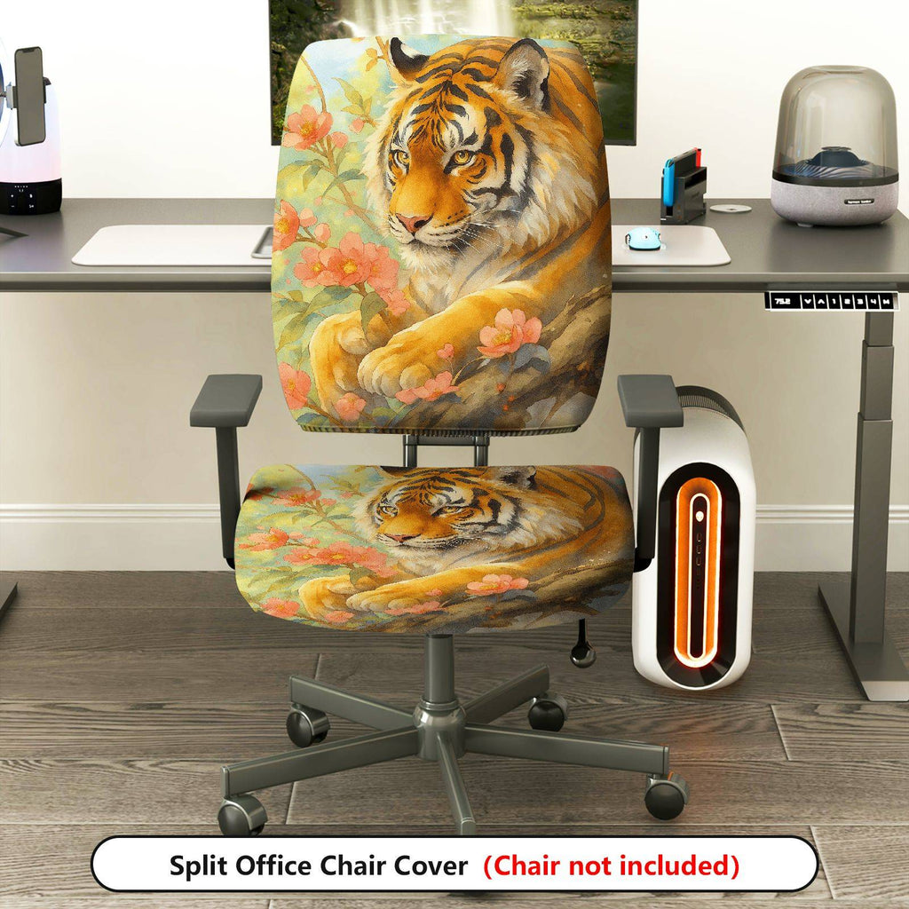 2-Piece Animal Tiger Floral Nature Art  Computer Chair Cover Set, Seat and Backrest