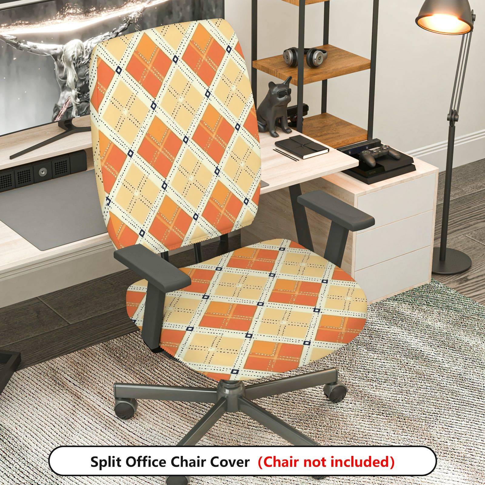 2-Piece Argyle Plaid Geometric Orange Decorative  Computer Chair Cover Set, Seat and Backrest