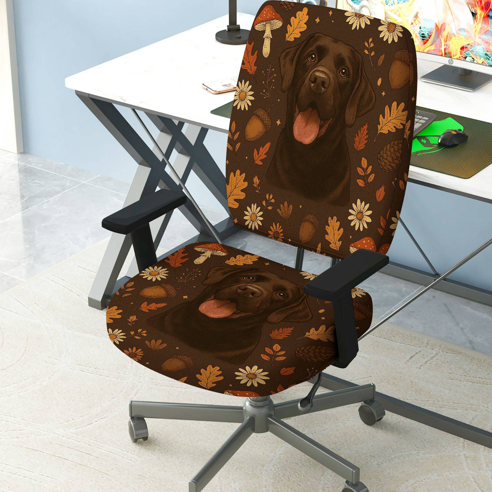 2-Piece Autumn Dog Flower Mushroom Acorn Leaf  Computer Chair Cover Set, Seat and Backrest