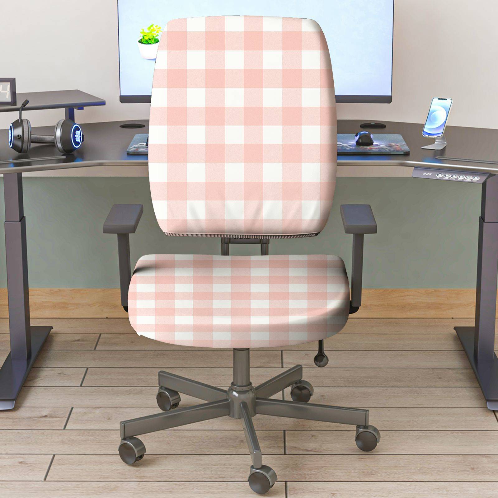 2-Piece Pink Plaid Checkered Pattern Modern  Computer Chair Cover Set, Seat and Backrest