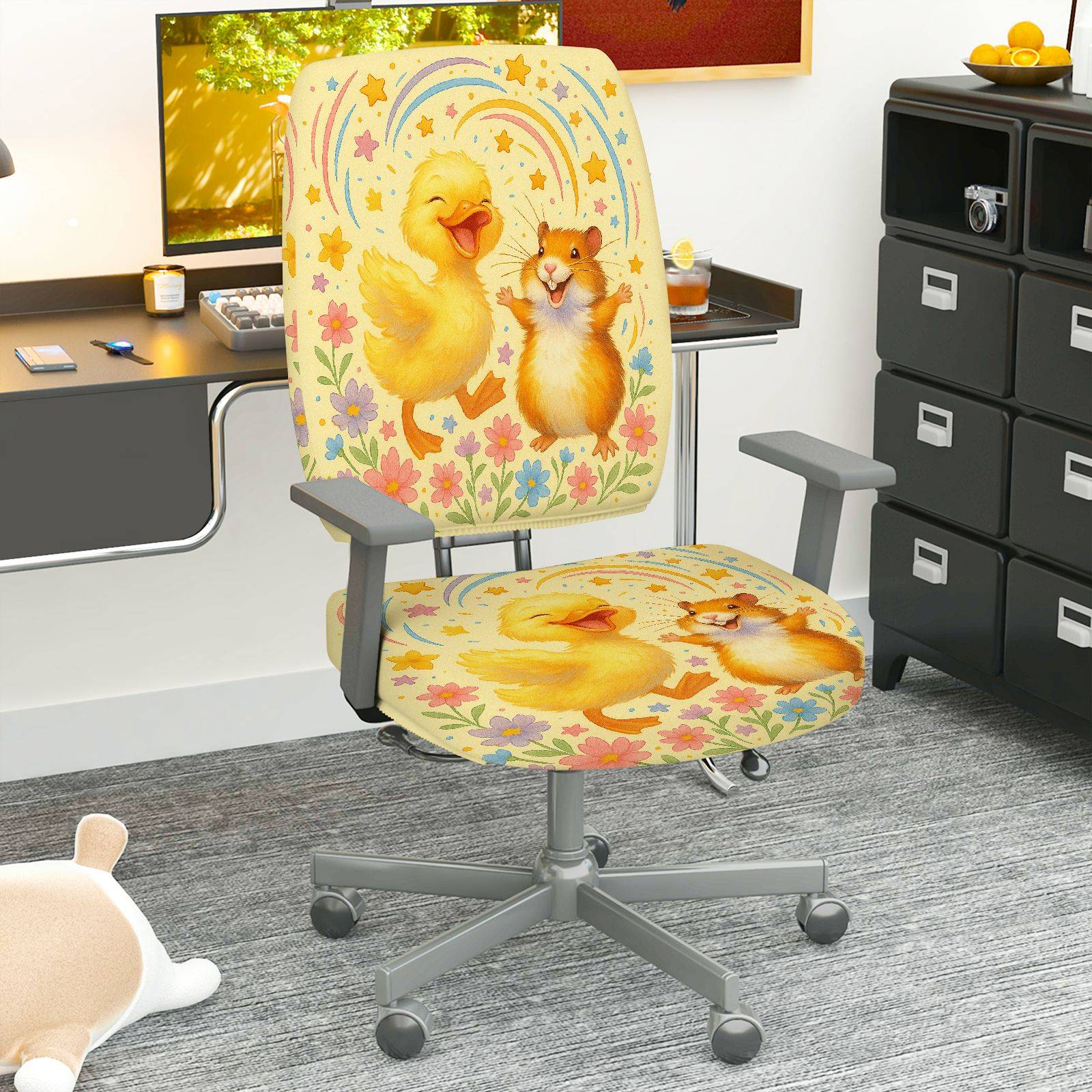 2-Piece Adorable Animal Rainbow Floral Star  Computer Chair Cover Set, Seat and Backrest