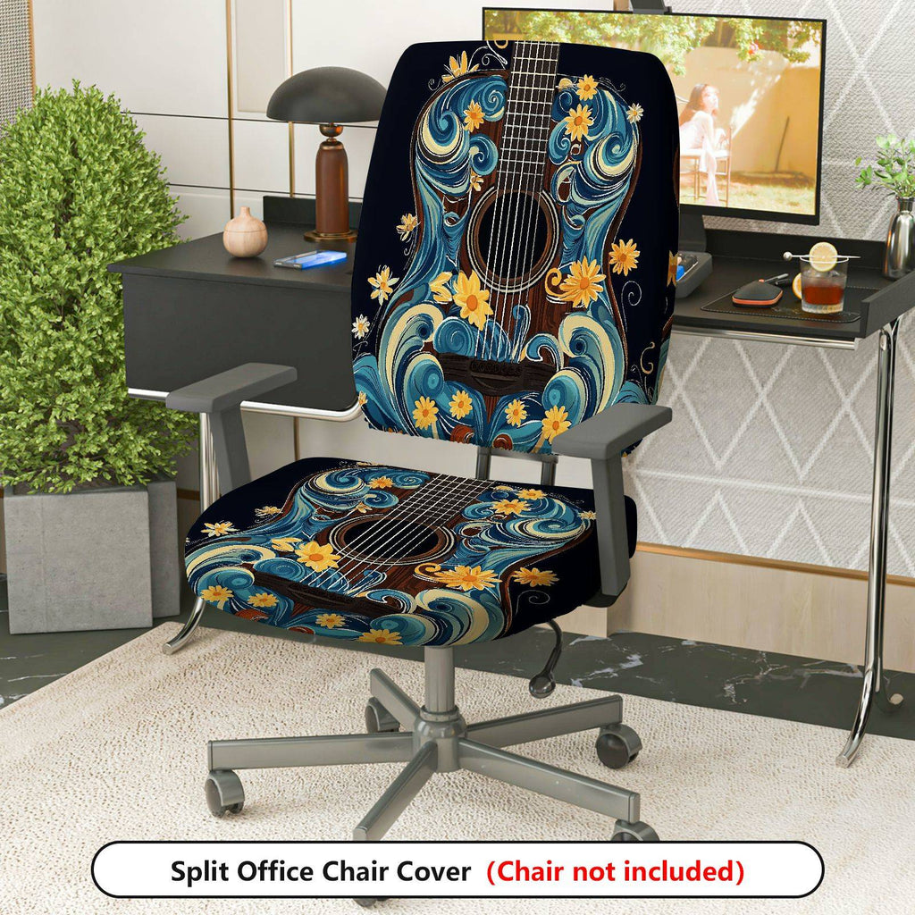2-Piece Artistic Floral Guitar Blue  Computer Chair Cover Set, Seat and Backrest