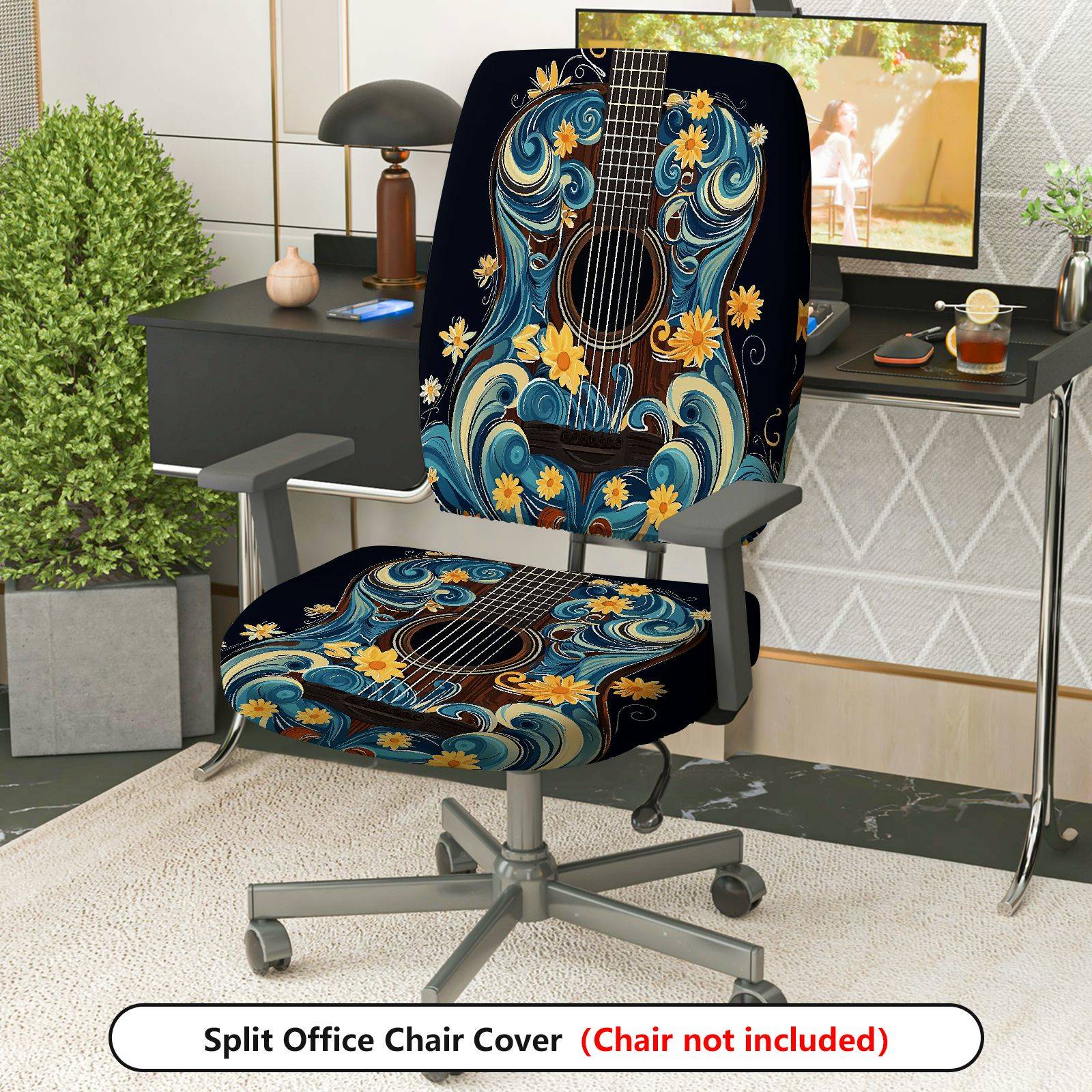2-Piece Artistic Floral Guitar Blue  Computer Chair Cover Set, Seat and Backrest