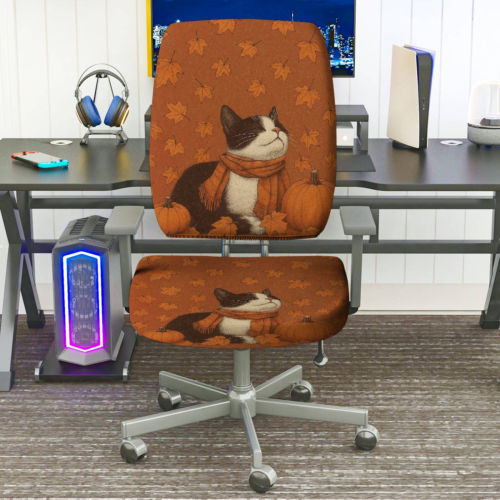 2-Piece Autumn Cat Pumpkin Leaves Thanksgiving  Computer Chair Cover Set, Seat and Backrest