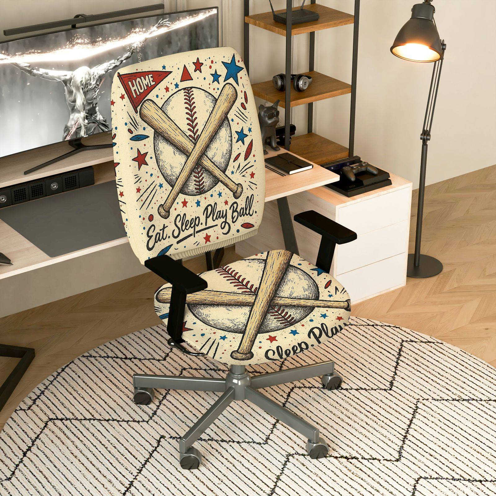 2-Piece Baseball Sports Home Vintage Decorative  Computer Chair Cover Set, Seat and Backrest