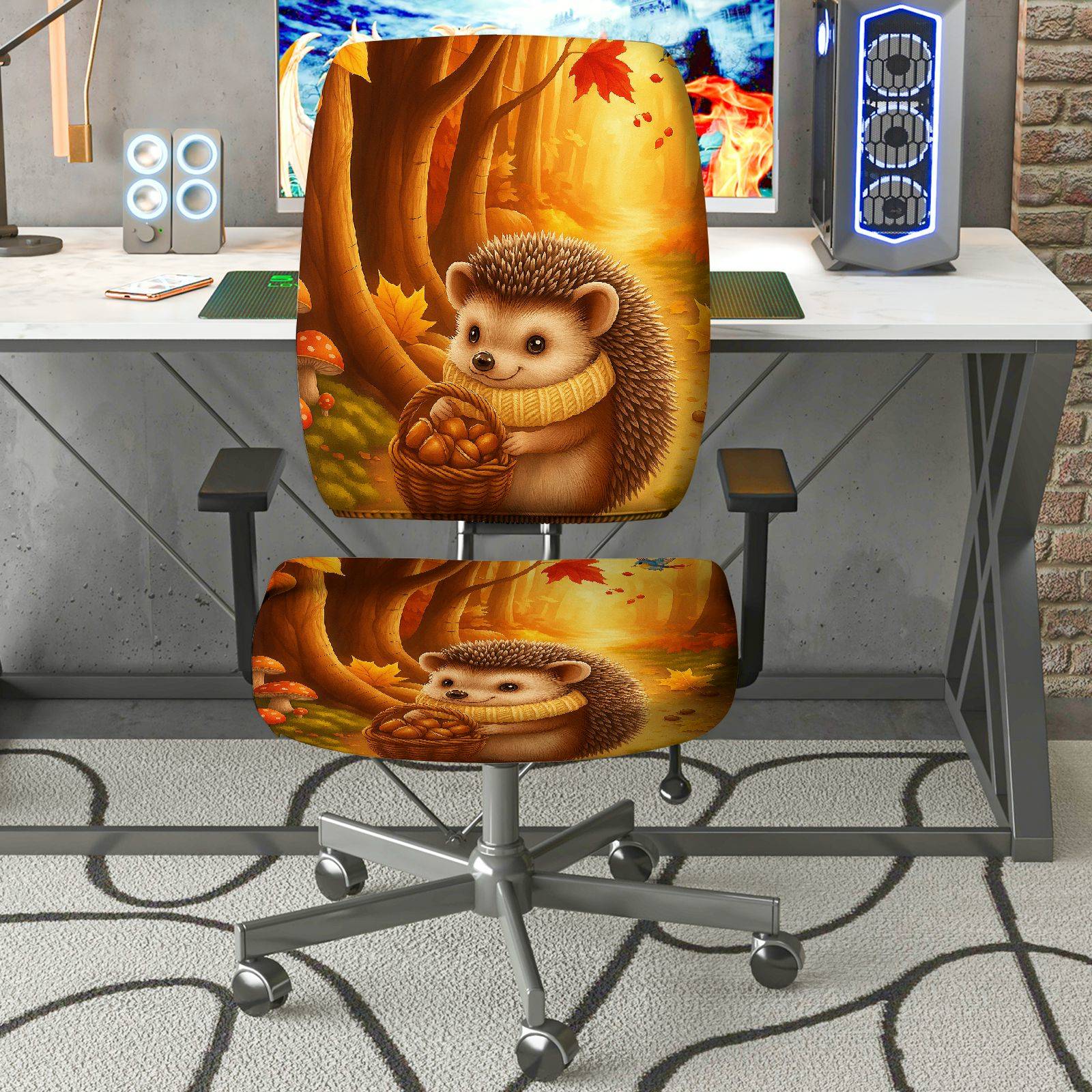 2-Piece Autumn Hedgehog Forest Leaves Harvest  Computer Chair Cover Set, Seat and Backrest