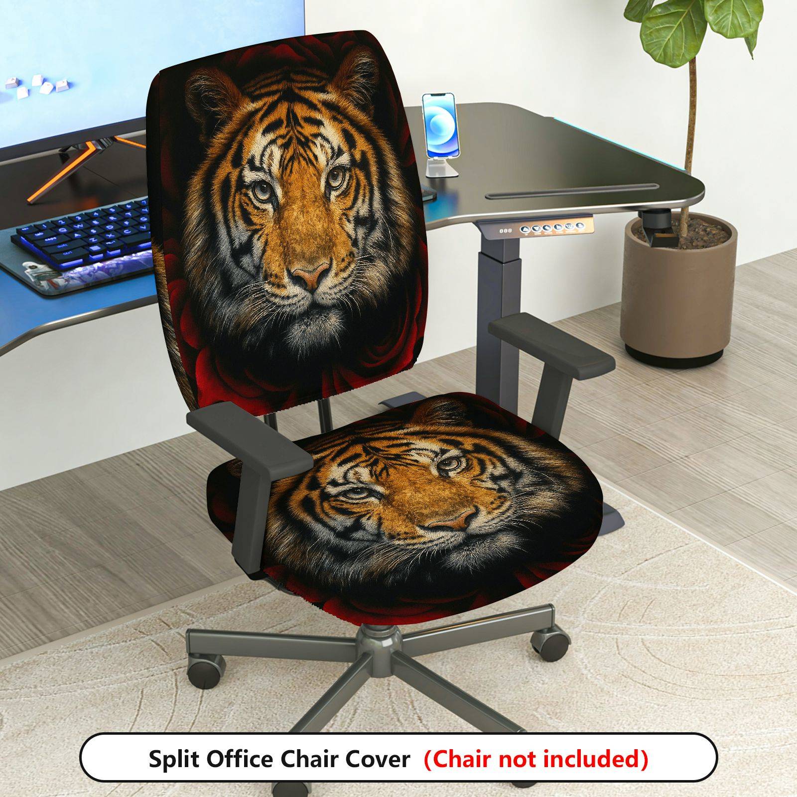 2-Piece Animal Wildlife Art Tiger Print  Computer Chair Cover Set, Seat and Backrest