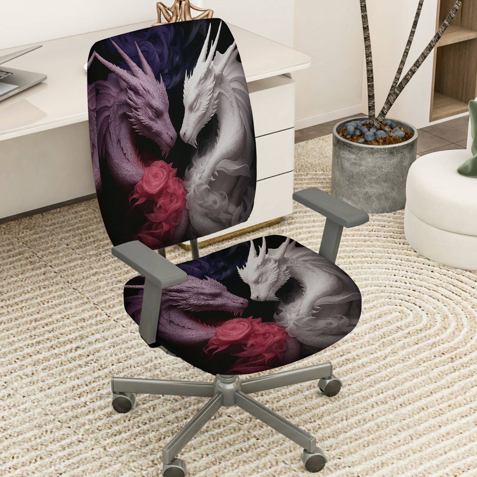 2-Piece Black White Red Dragon Floral Fantasy Art  Computer Chair Cover Set, Seat and Backrest