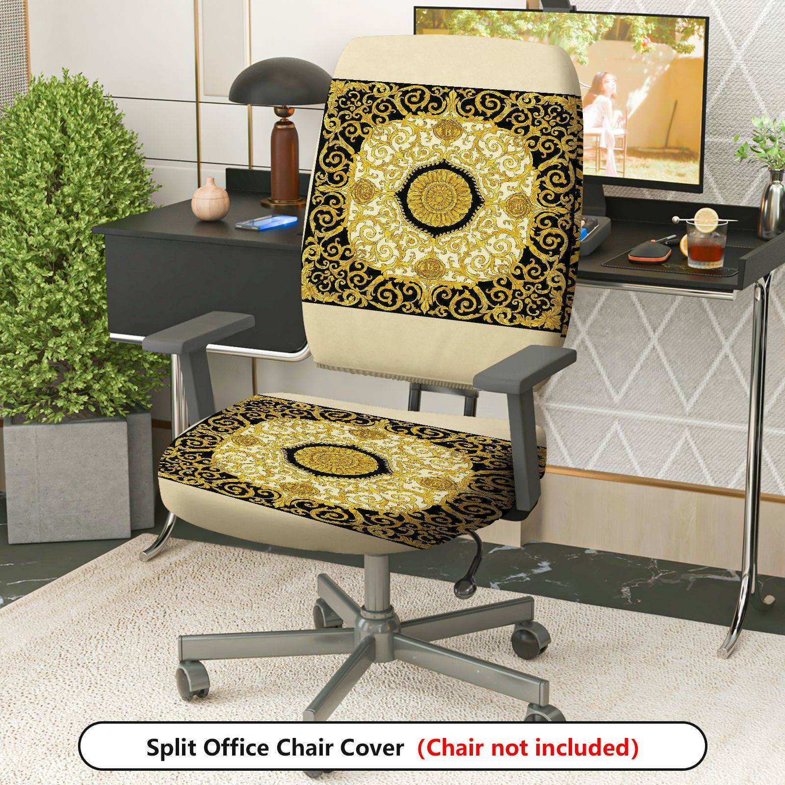 2-Piece Baroque Style Gold Black Pattern Decorative  Computer Chair Cover Set, Seat and Backrest