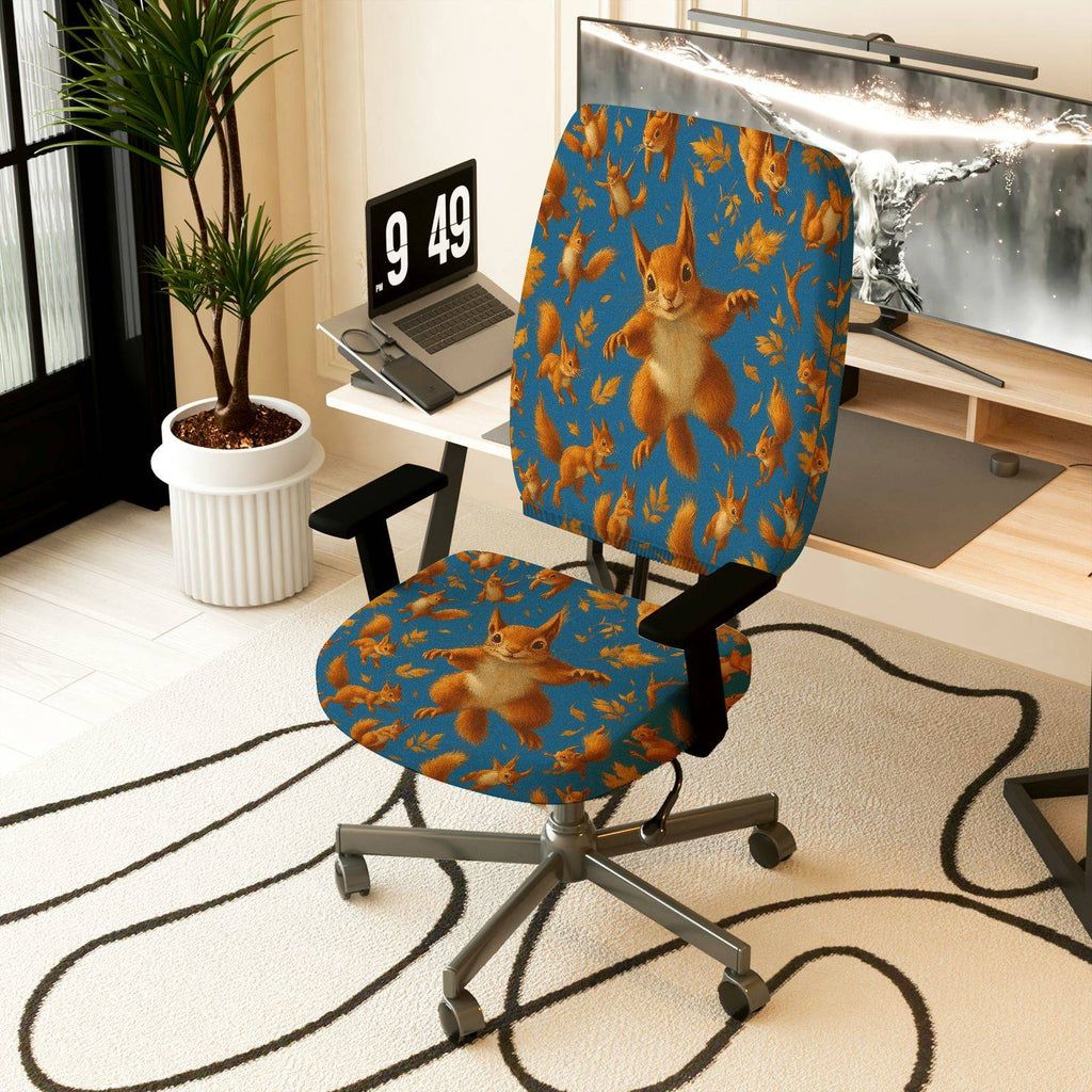 2-Piece Animal Squirrel Leaf Pattern  Computer Chair Cover Set, Seat and Backrest