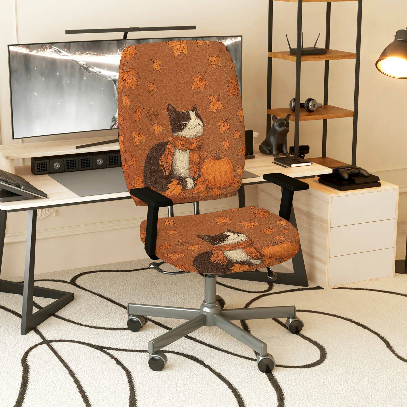2-Piece Autumn Leaves Pumpkin Cat Warm  Computer Chair Cover Set, Seat and Backrest