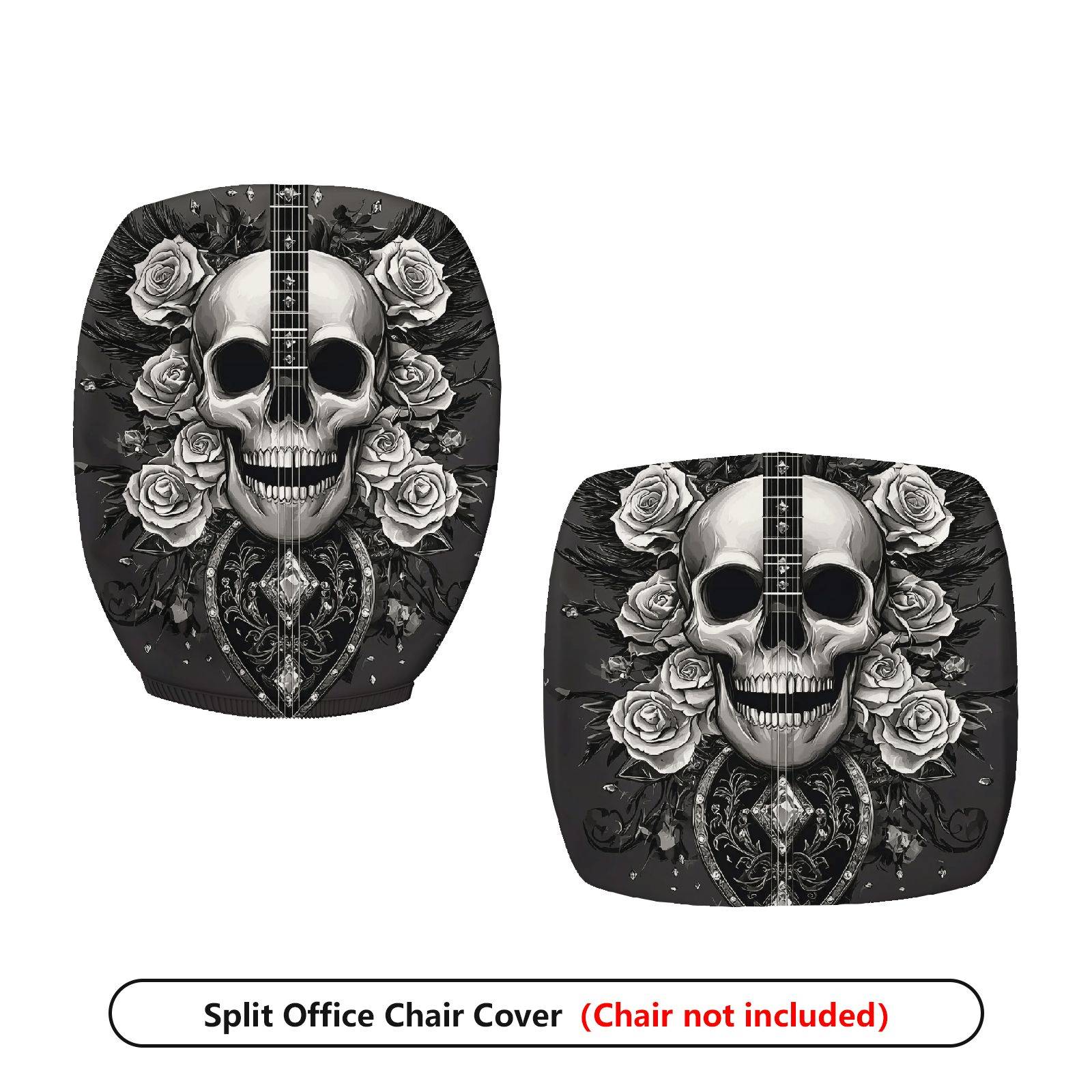 2-Piece Black Floral Gothic Rose Heart Design  Computer Chair Cover Set, Seat and Backrest