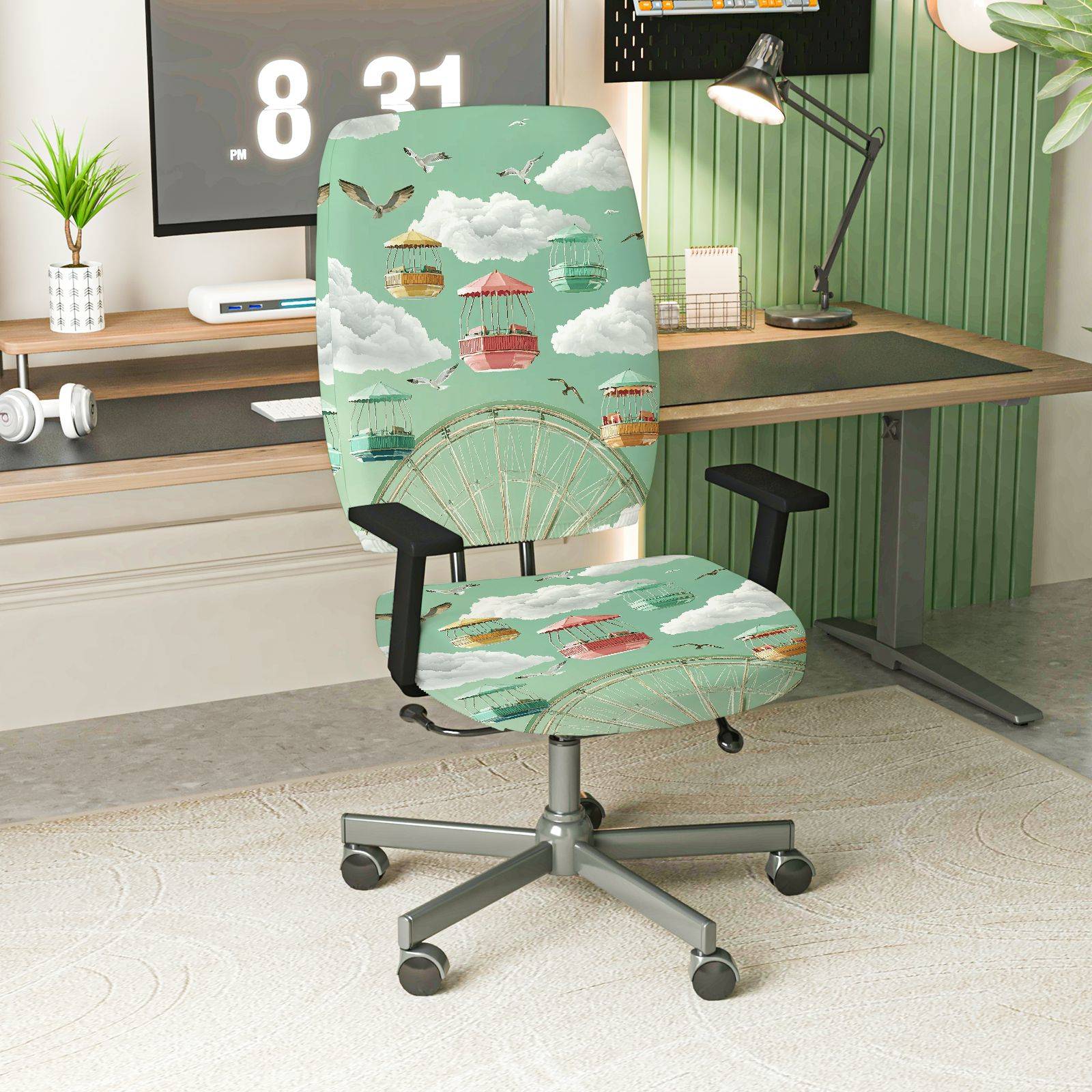 2-Piece Amusement Park Ferris Wheel Clouds Birds Festive  Computer Chair Cover Set, Seat and Backrest
