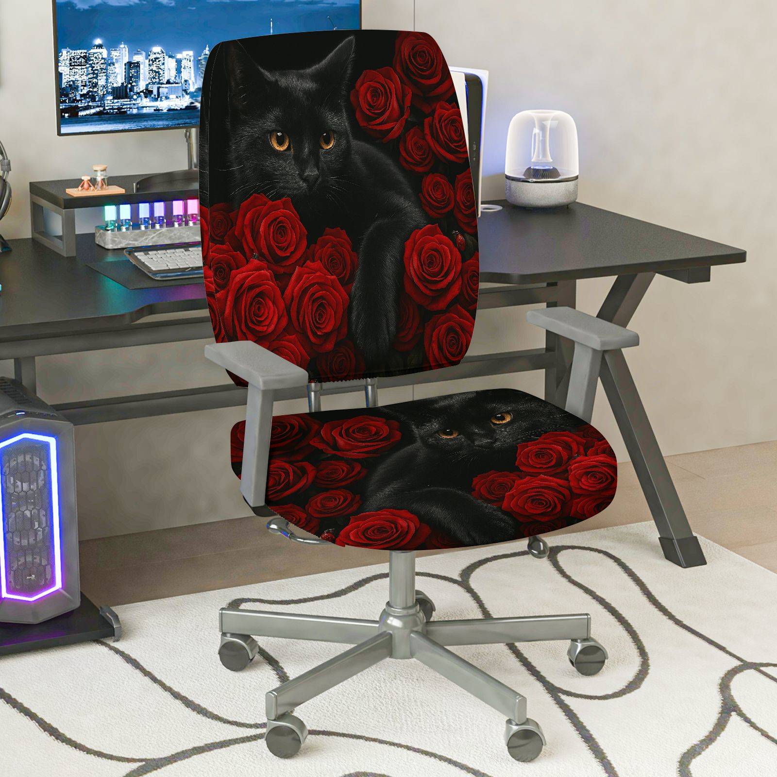 2-Piece Black Cat Rose Floral Gothic Halloween Valentine  Computer Chair Cover Set, Seat and Backrest