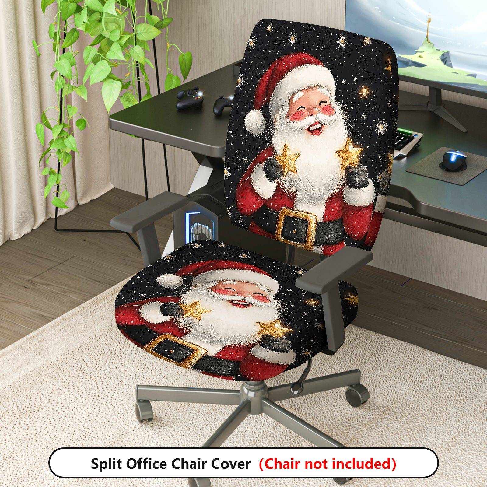 2-Piece Christmas Santa Starry Joyful  Computer Chair Cover Set, Seat and Backrest