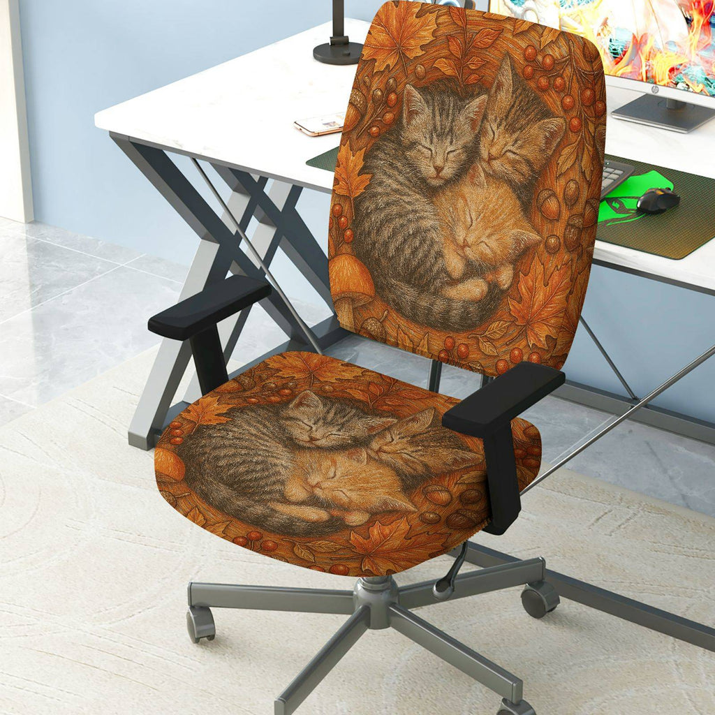 2-Piece Autumn Cats Leaves Pumpkins Acorns  Computer Chair Cover Set, Seat and Backrest